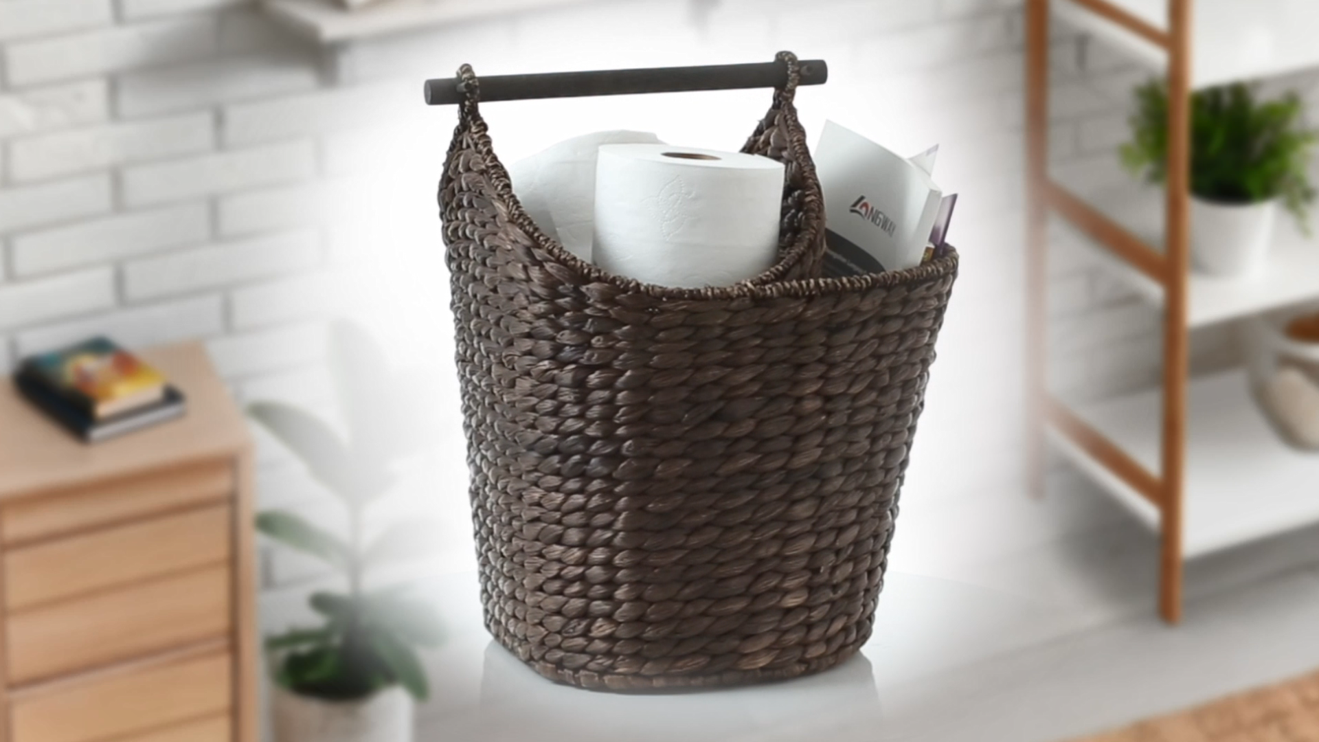 thumbnail video image 2 of Casafield Toilet Paper Magazine Storage Basket with Roll Holder, Natural - Woven Water Hyacinth Wicker Bathroom Storage Bin, 2 of 8