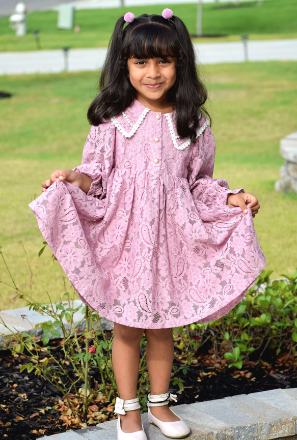 thumbnail video image 2 of Girls Dress Dusty Rose Lace Sweet Vintage Pearl Button Long Sleeve 6 Years, 2 of 2