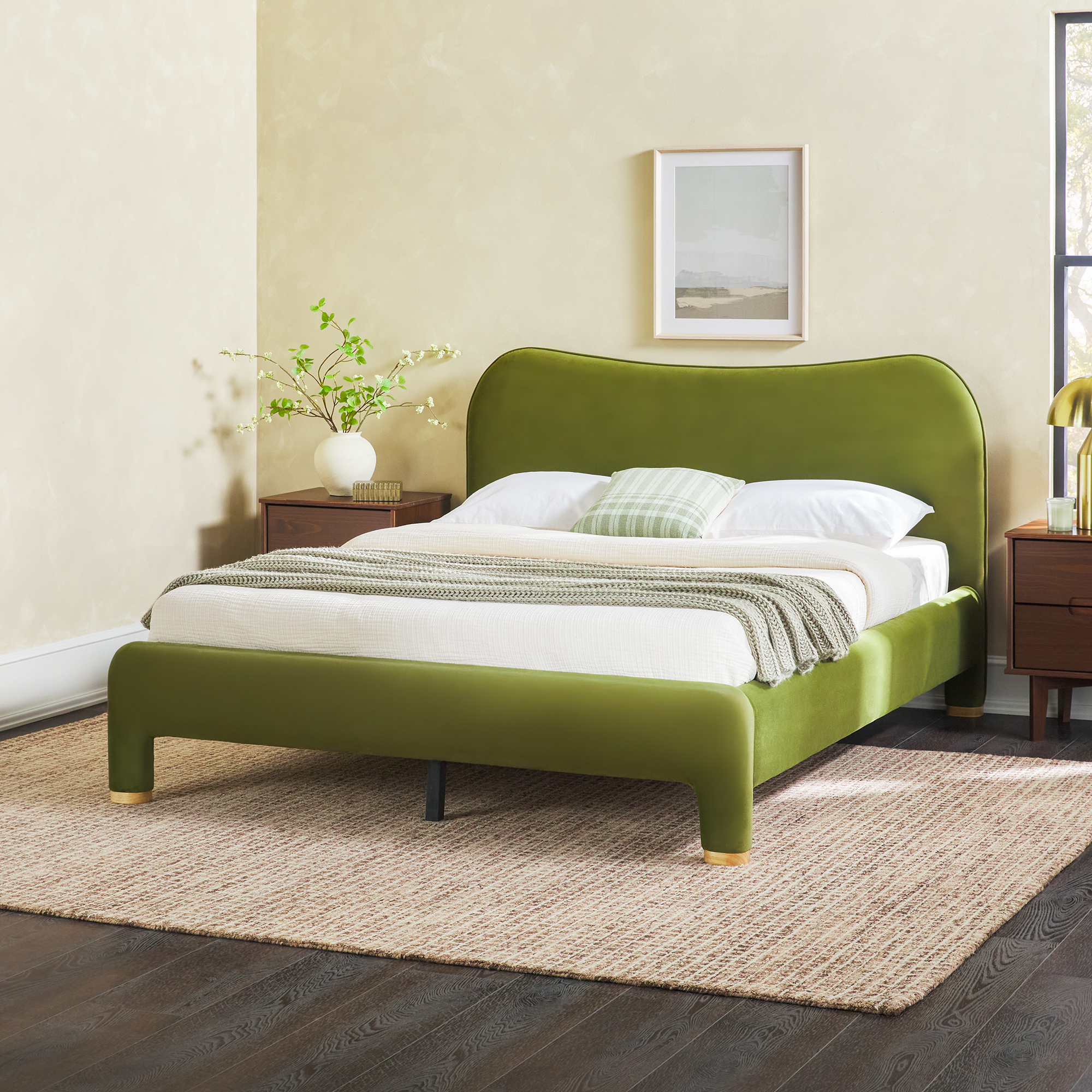 thumbnail video image 2 of Chantelle Modern Curved Upholstered Bed, Ivory Boucle, 2 of 14