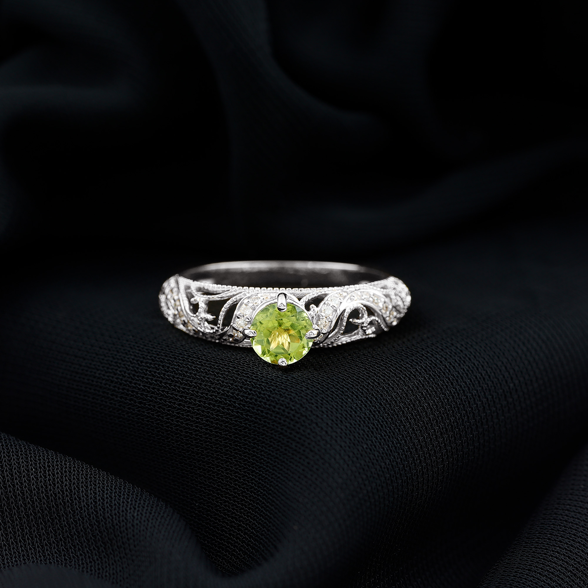 thumbnail video image 2 of Rosec Jewels Peridot Art Deco Engagement Ring With Diamond (6 MM - AAA Quality), 14K Yellow Gold, US 8.00, 2 of 8