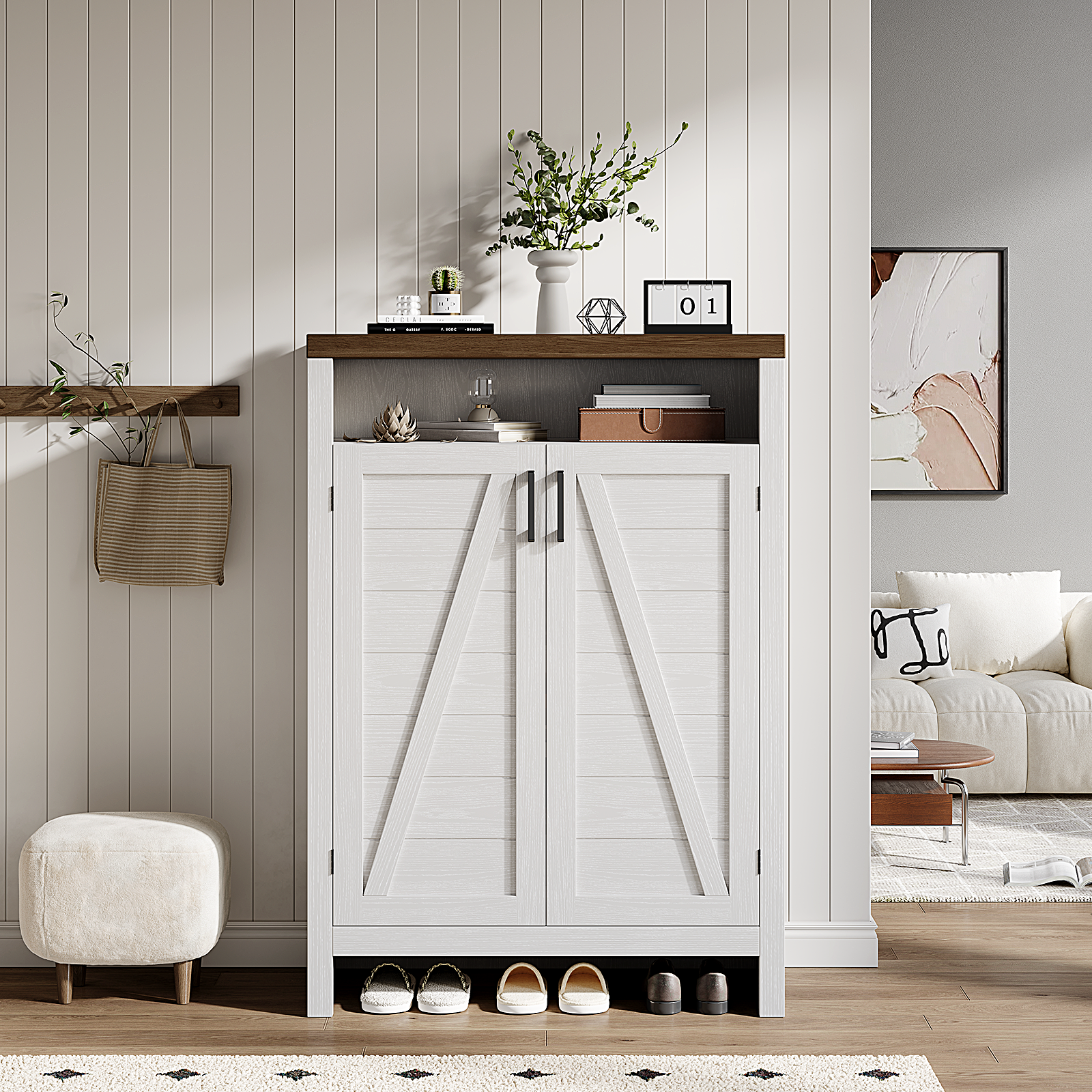thumbnail video image 2 of ONBRILL 6-Tier Shoe Cabinet with Doors, Farmhouse Shoe Storage Cabinet with Adjustable Shelves, Large Capacity Wooden Shoe Rack Organizer for Entryway, Closet, Hallway, Living Room, White, 2 of 8