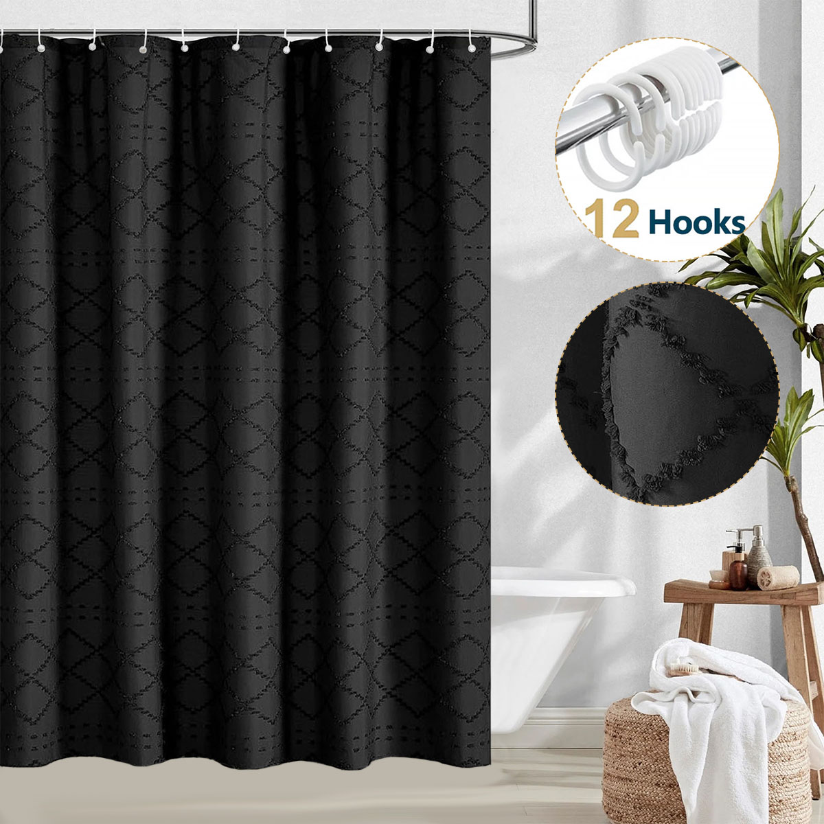 thumbnail video image 2 of Dznils Black Tassel Shower Curtain with Hooks, Boho Tufted Textured Fabric Bathroom Curtain, 72 x 72, 2 of 10