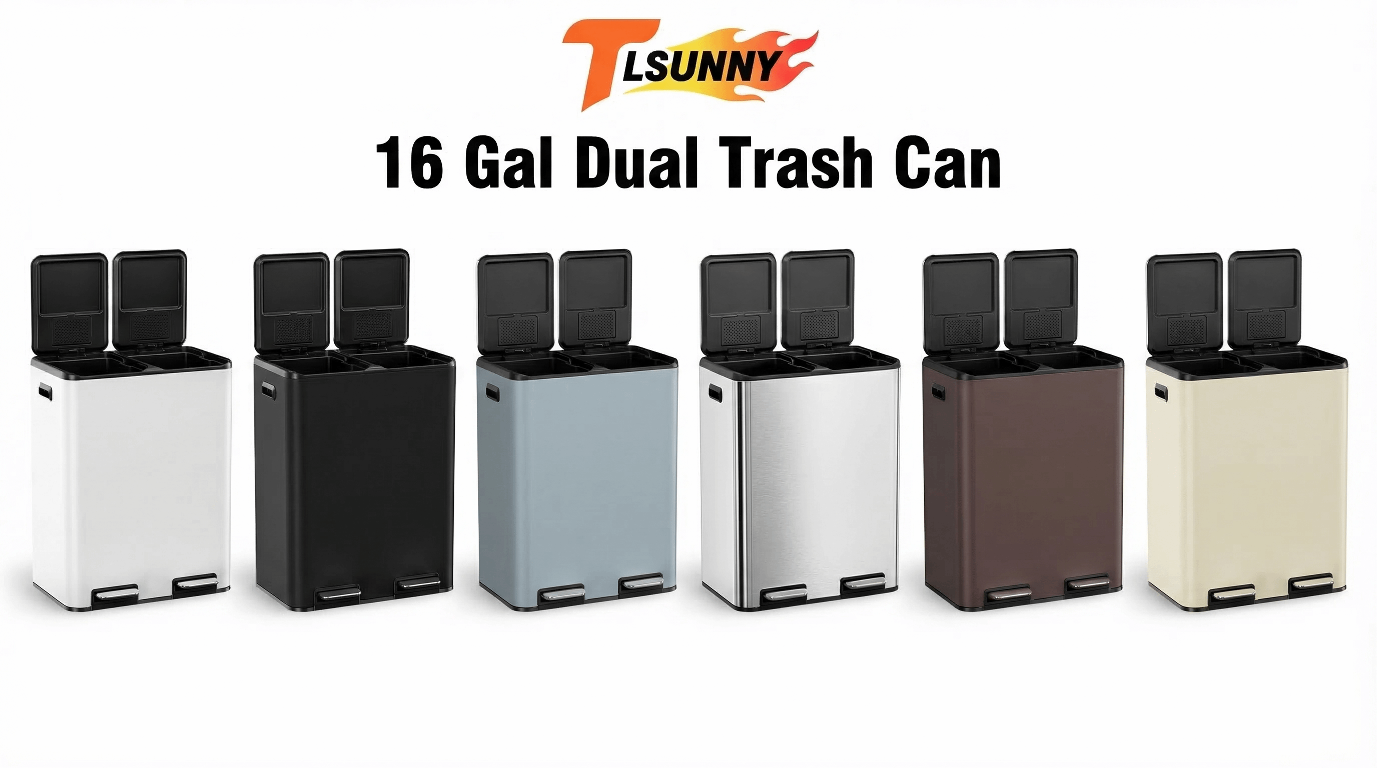 thumbnail video image 2 of TLSUNNY 16 Gal Double Compartment Trash Can, Dual Lid Recycling Kitchen Garbage Bin with 2 Control Box for Home/Office, 2 of 10