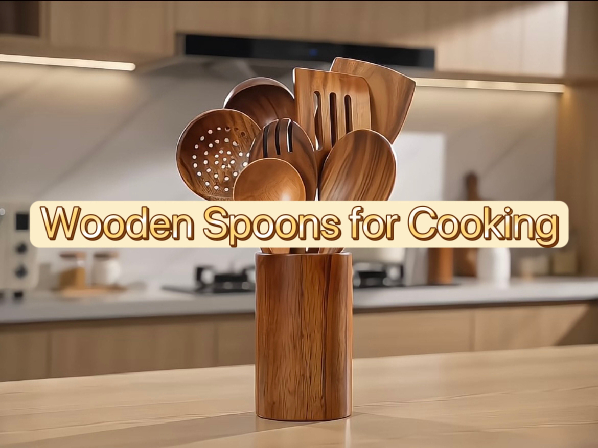 thumbnail video image 2 of Kisportee Wooden Spoons for Cooking, 8 Pcs Natural Teak Wooden Utensils Set, Non-Stick & Heat Resistant Durable Wood Kitchen Utensil Set, 2 of 9