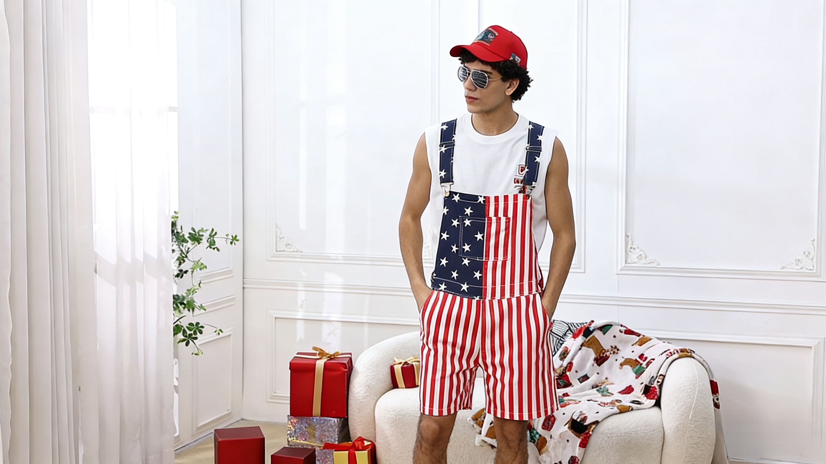 thumbnail video image 2 of 250th Anniversary Mens American Flag Overalls Shorts Jumpsuit 4th of July Bib Coveralls(Red White Blue,XL), 2 of 9