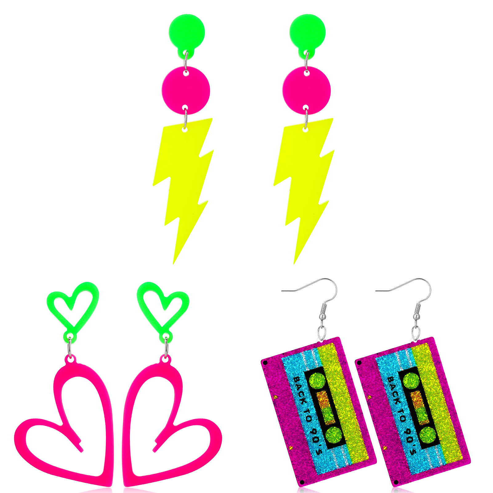 thumbnail video image 2 of sixwipe Women's 80s Neon Earrings, 3 Styles Exaggerated Retro Costume Accessories, 3 Pairs, 2 of 8