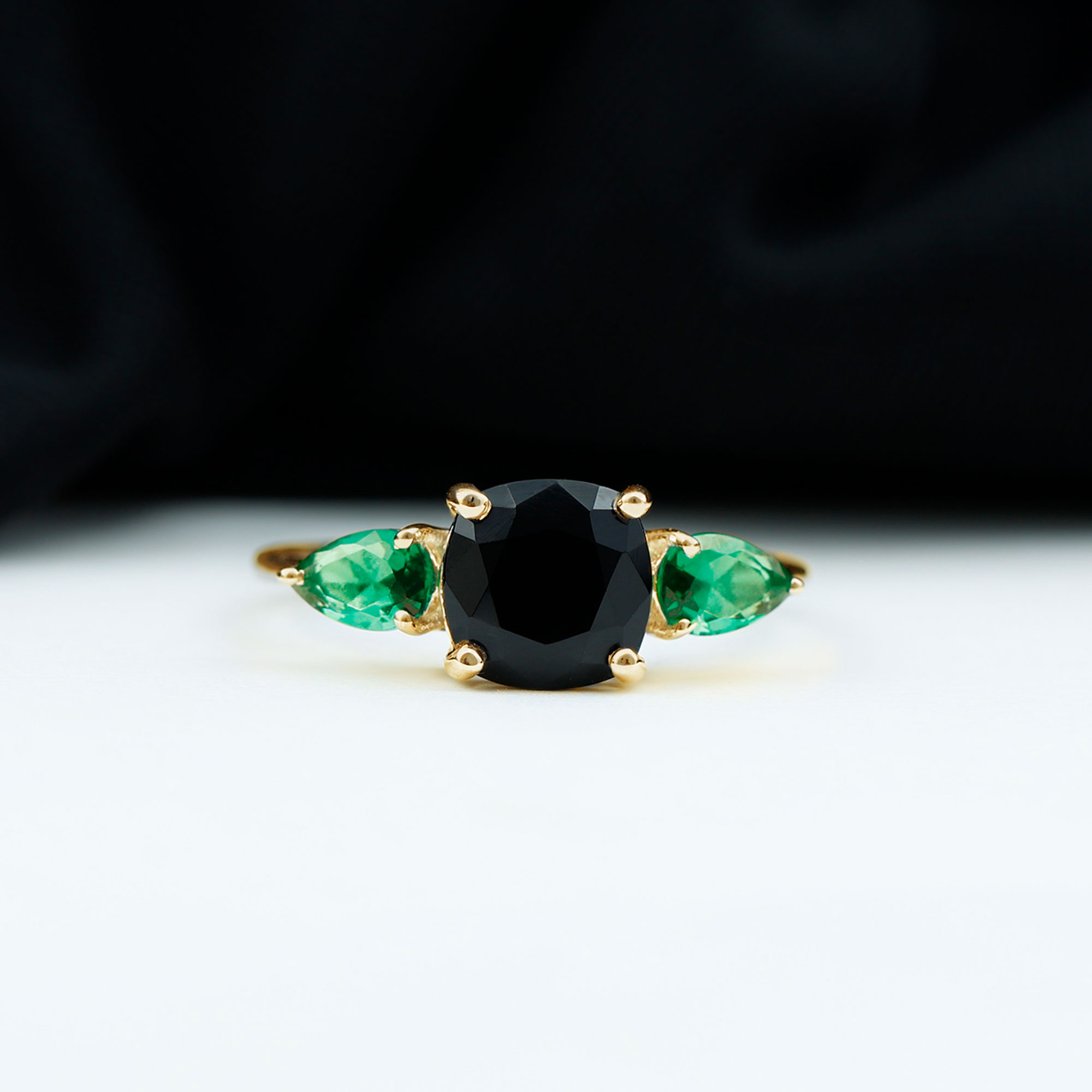 thumbnail video image 2 of Rosec Jewels Cushion Shape Black Diamond and Emerald Ring, 3 Stone Ring with Lab Grown Gemstone, 10K White Gold, US 11.00, 2 of 9