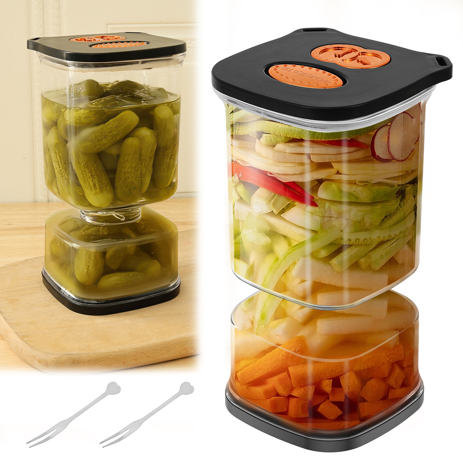 thumbnail video image 2 of Fkszll Flip Pickle Jar 33.82 oz Clear Square Pickle Container with 2 Fork and Timer Recorder Olive Container Jar for Gherkins Olives Onions Garlic, 2 of 11