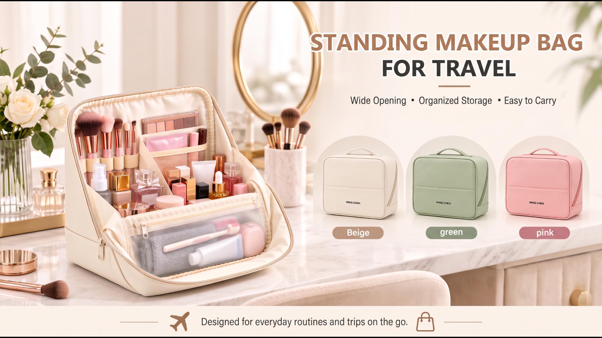 thumbnail video image 2 of Gocvo Travel Makeup Bag, Large Waterproof Cosmetic Toiletry Bag for Women, Multi-Zone Standing Organizer for Travel,Rose Pink, 2 of 9
