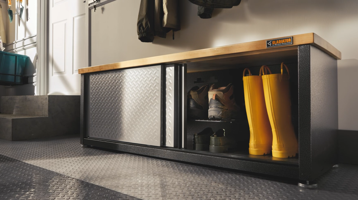 thumbnail video image 2 of Gladiator Ready-to-Assemble Storage Shoe Bench, GAGB54SB, 2 of 5