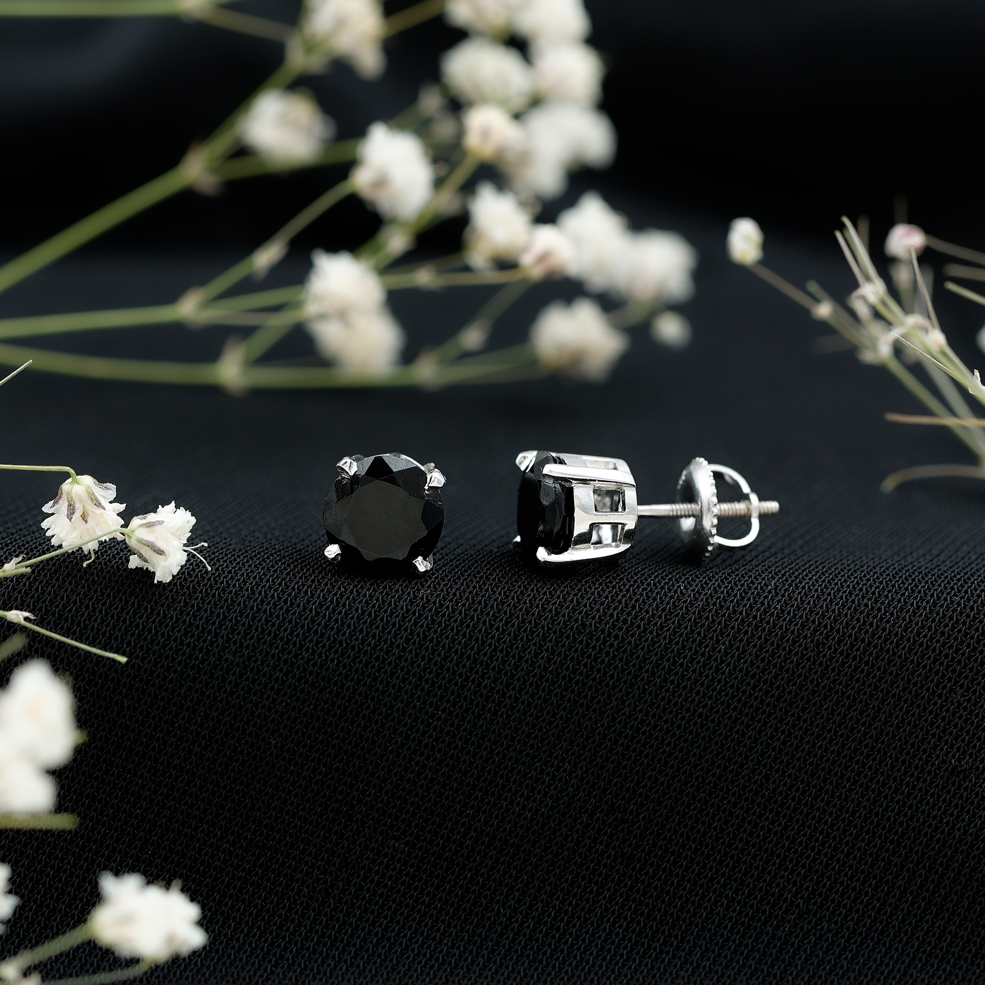 thumbnail video image 2 of Rosec Jewels Round Shape Lab Grown Black Diamond Solitaire Stud Earrings for Women - 7 mm, 10K Yellow Gold, 2 of 8