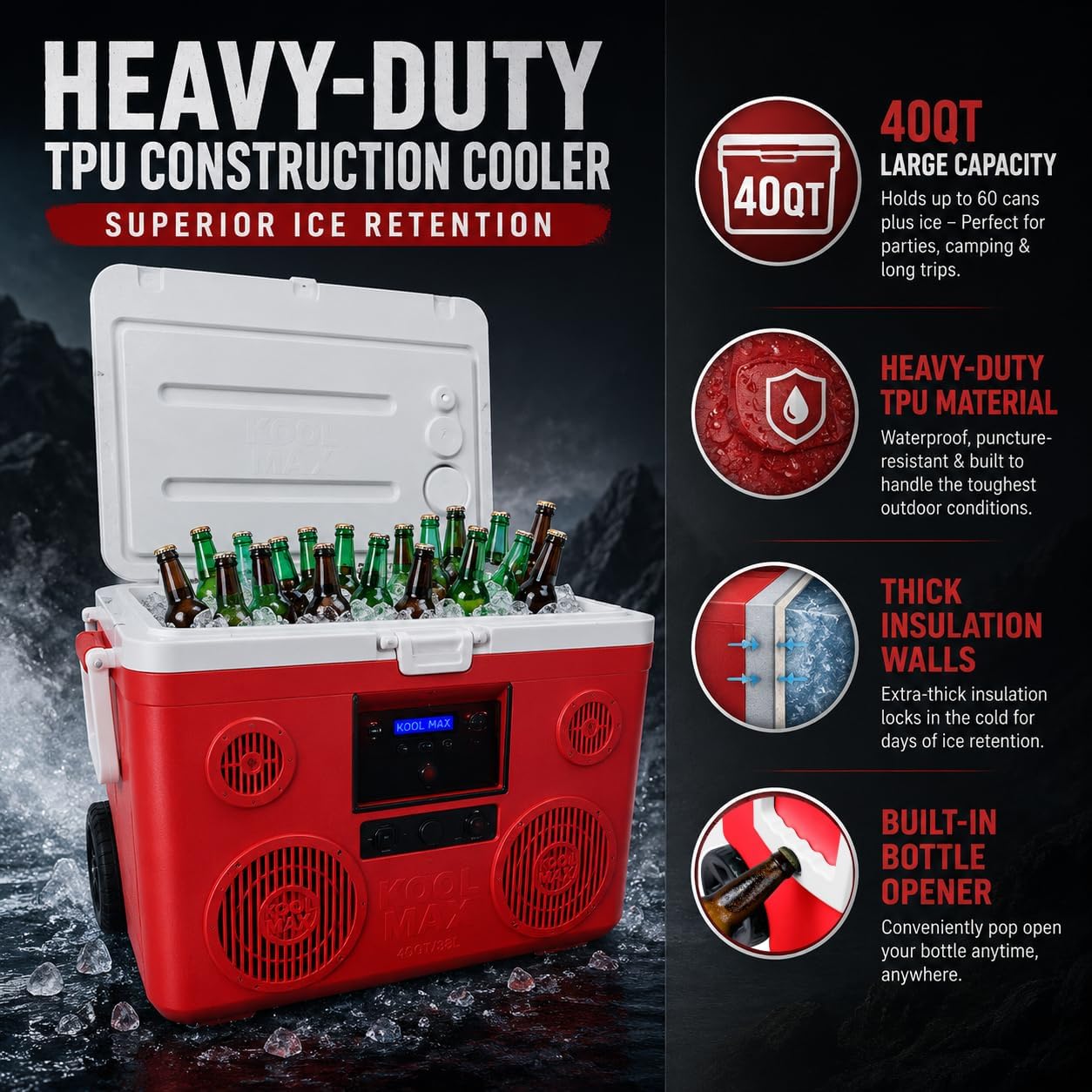 thumbnail video image 2 of KoolMAX Cooler with Bluetooth Speaker System, 350W Boombox, 40 Qt Cooler, Rechargeable, USB 12V Car Cigarette Lighter Power Station, Guitar Amplifier, Radio, PA Machine, Karaoke, Red, 2 of 8