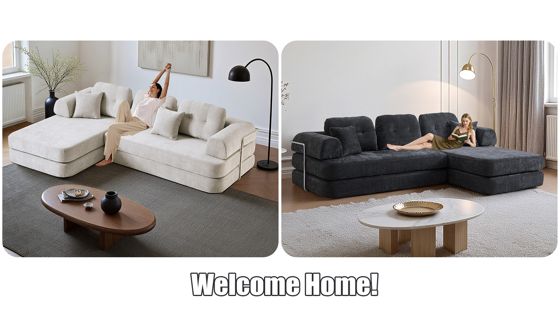 thumbnail video image 2 of 104" Boneless Couch, Cloud Couch with L-Shape Chaise, Sectional Couches for Living Room, Compressed Modern Sofa with Deep Seat, Chenille Memory Foam Couch, No Assembly Required, Light Grey Couch, 2 of 11