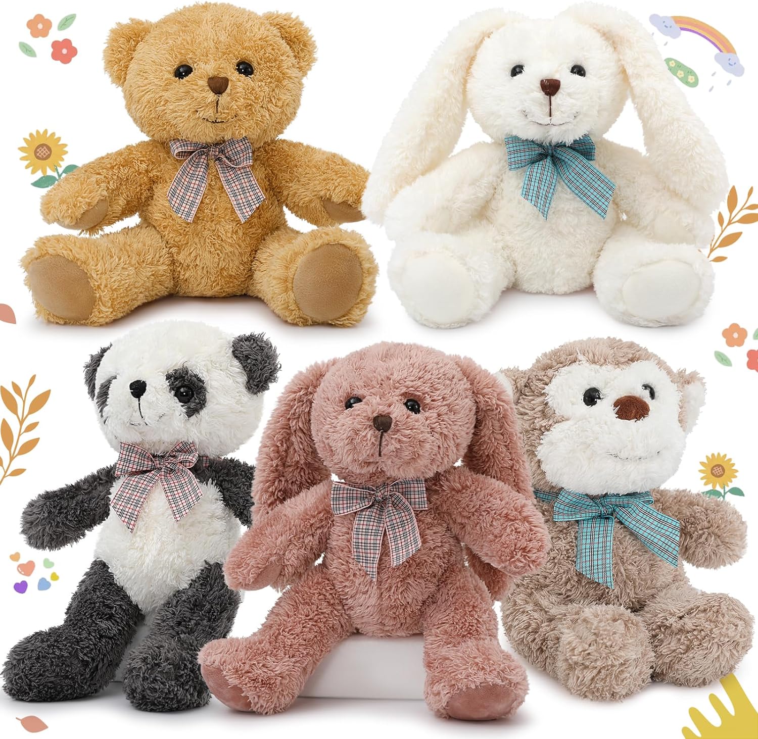 thumbnail video image 2 of MorisMos Bulk Stuffed Animals 5-Packs Plush Toys Cute Teddy Bear/Monkey/Bunny/Panda with Bow Ties 12.5 Inches, 2 of 9