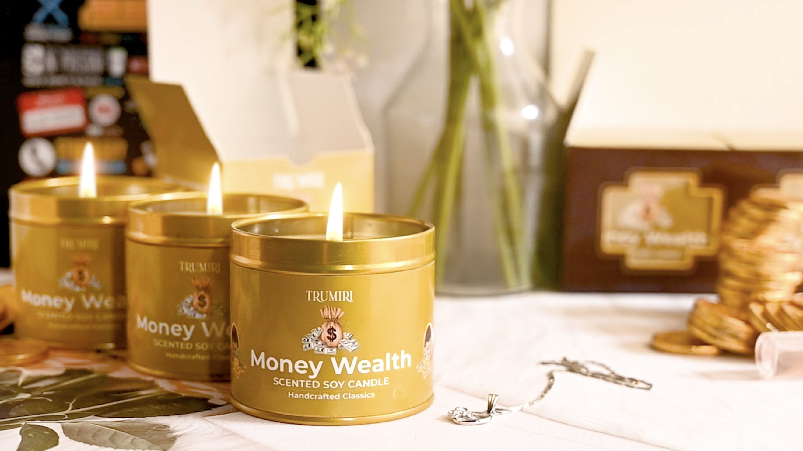 thumbnail video image 2 of Money Wealth - Crystal Candles for Home Scented - Pack of 3 x 5oz Soy Wax Natural Clean Organic Non Toxic with Essential Oils - for Cash Luck Manifestation - Long Lasting Candel, 2 of 9