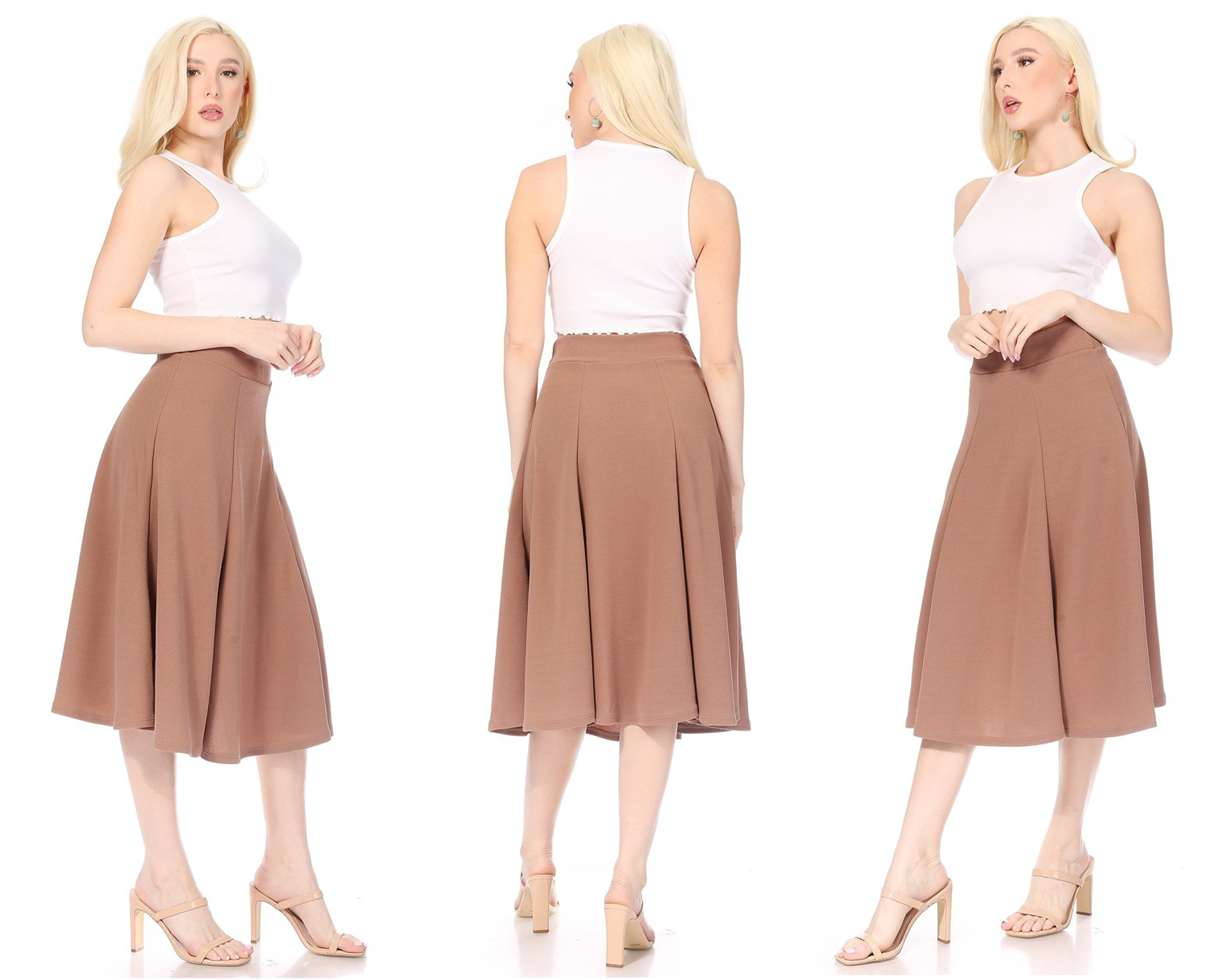 thumbnail video image 2 of Women's Solid Flared Lightweight Elastic Long Midi A-line Skirt, 2 of 7