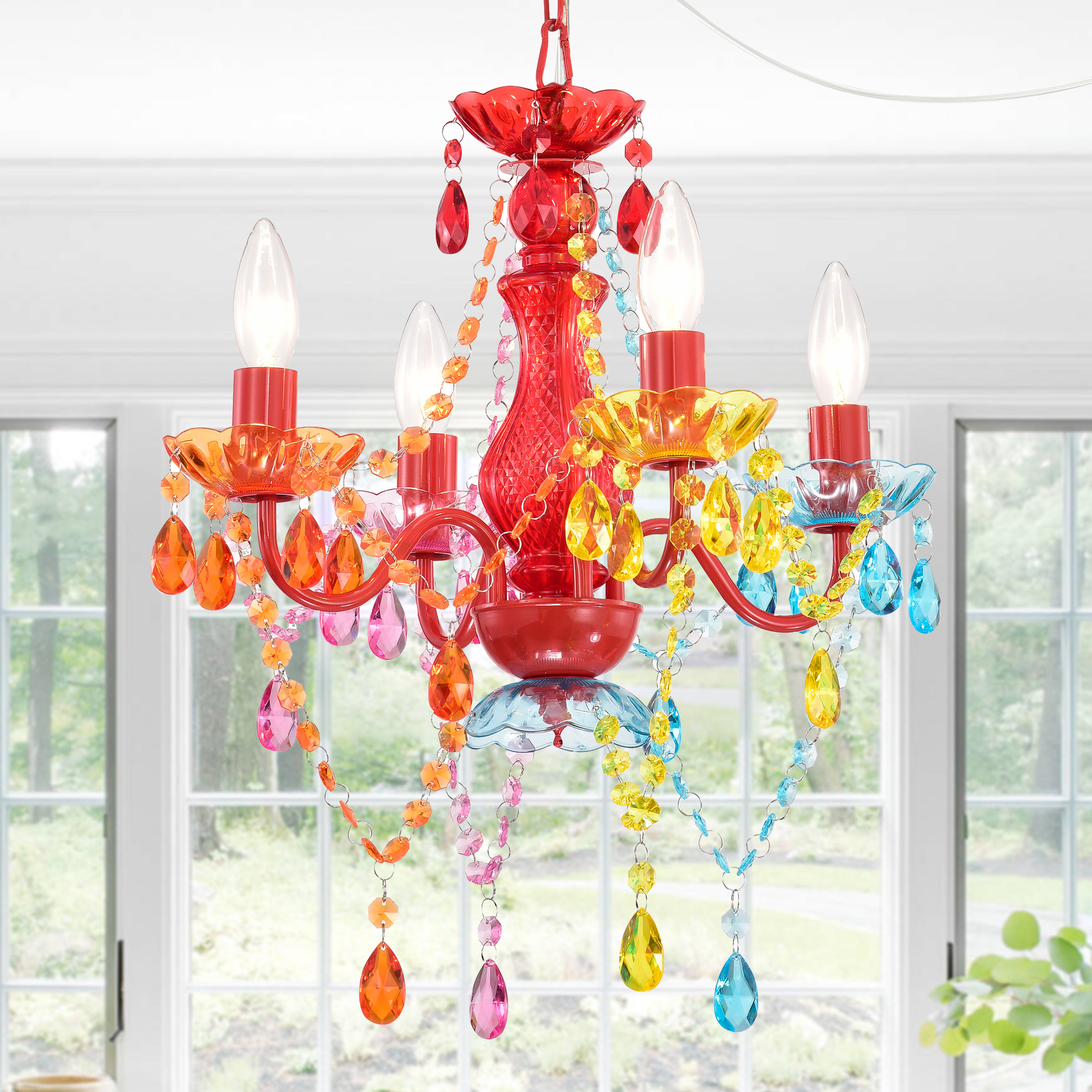 thumbnail video image 2 of Small Plug-In Crystal Chandelier, Colorful Acrylic 4-Light Ceiling Light for Kids Room, Nursery, Bedroom, 2 of 8