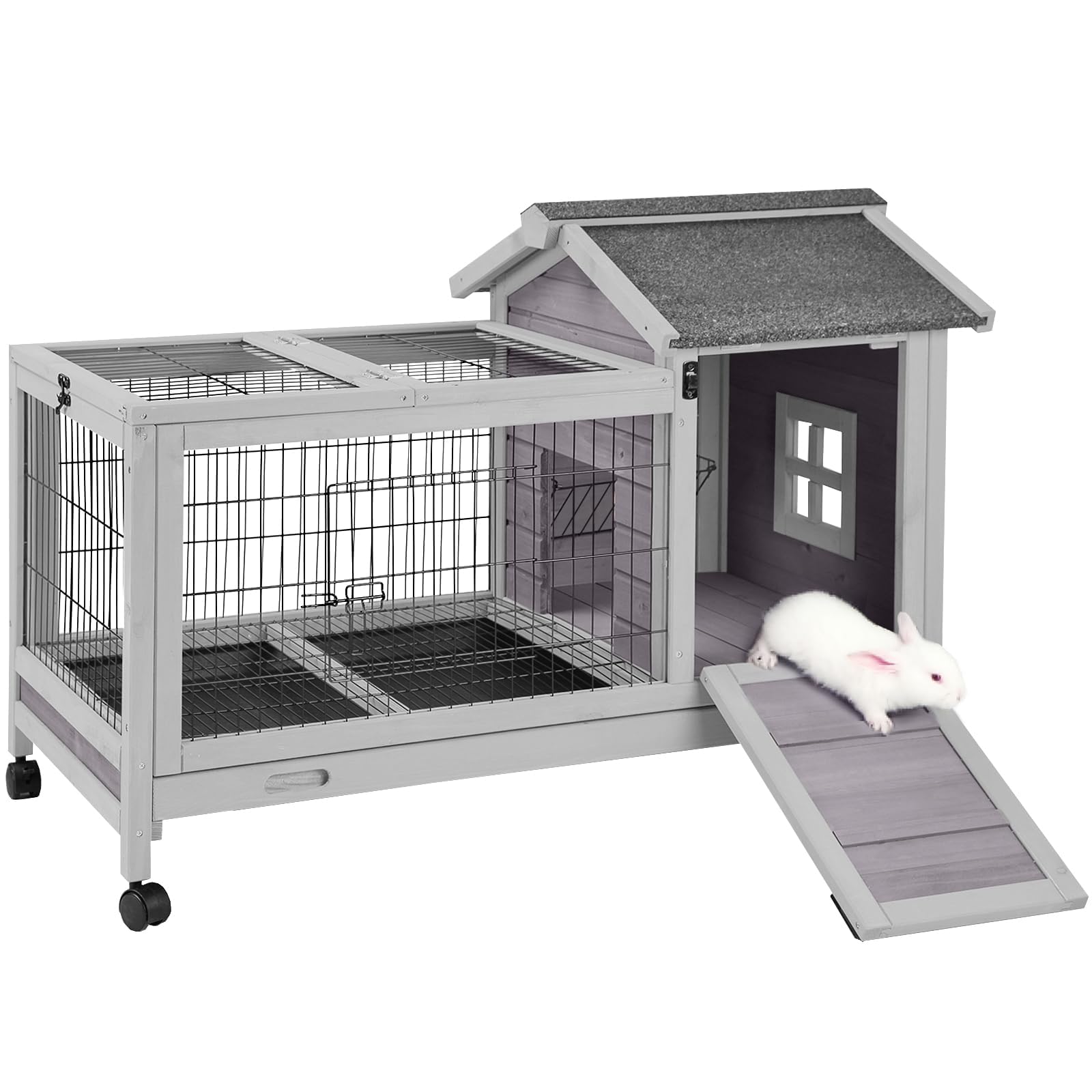 thumbnail video image 2 of Aivituvin Rabbit Hutch Indoor and Outdoor, Rabbit Cage with Removable Wire Netting and Leak Proof Tray, Mobile Bunny Cage with Wheels, 2 of 10
