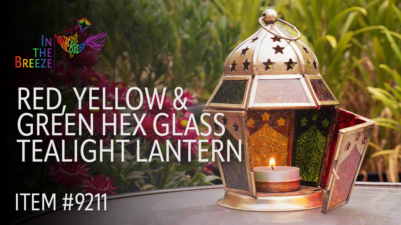thumbnail video image 2 of In the Breeze 9211 — Red, Yellow & Green Hex Tealight Lantern — Moroccan-Style Boho Chic Tealight Glass and Metal Tabletop Lantern, 2 of 6