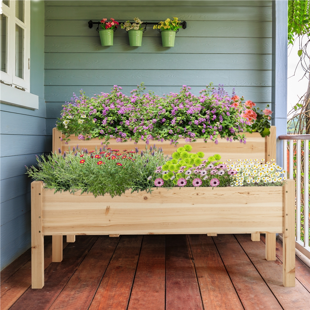 thumbnail video image 2 of Yaheetech 2-Tier Elevated Planting Box Fir Wood Twin Beds for Garden Yard, Wood, 2 of 8