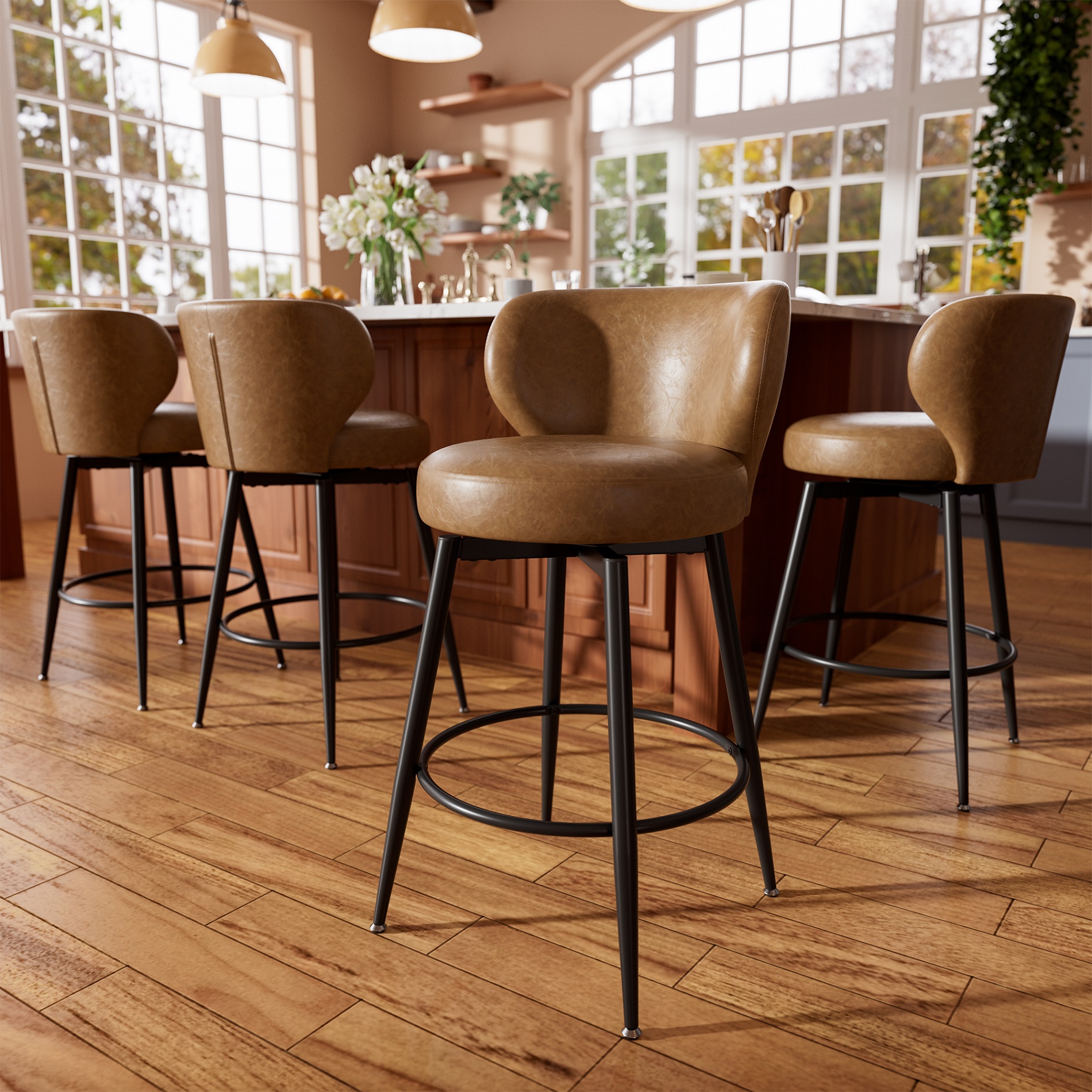 thumbnail video image 2 of iooHug PU Leather Counter Height Bar Stools Set of 2, 26" Swivel Bar Chairs with Backrest, Metal Frame & Soft Cushion for Kitchen Island, Brown, 2 of 7