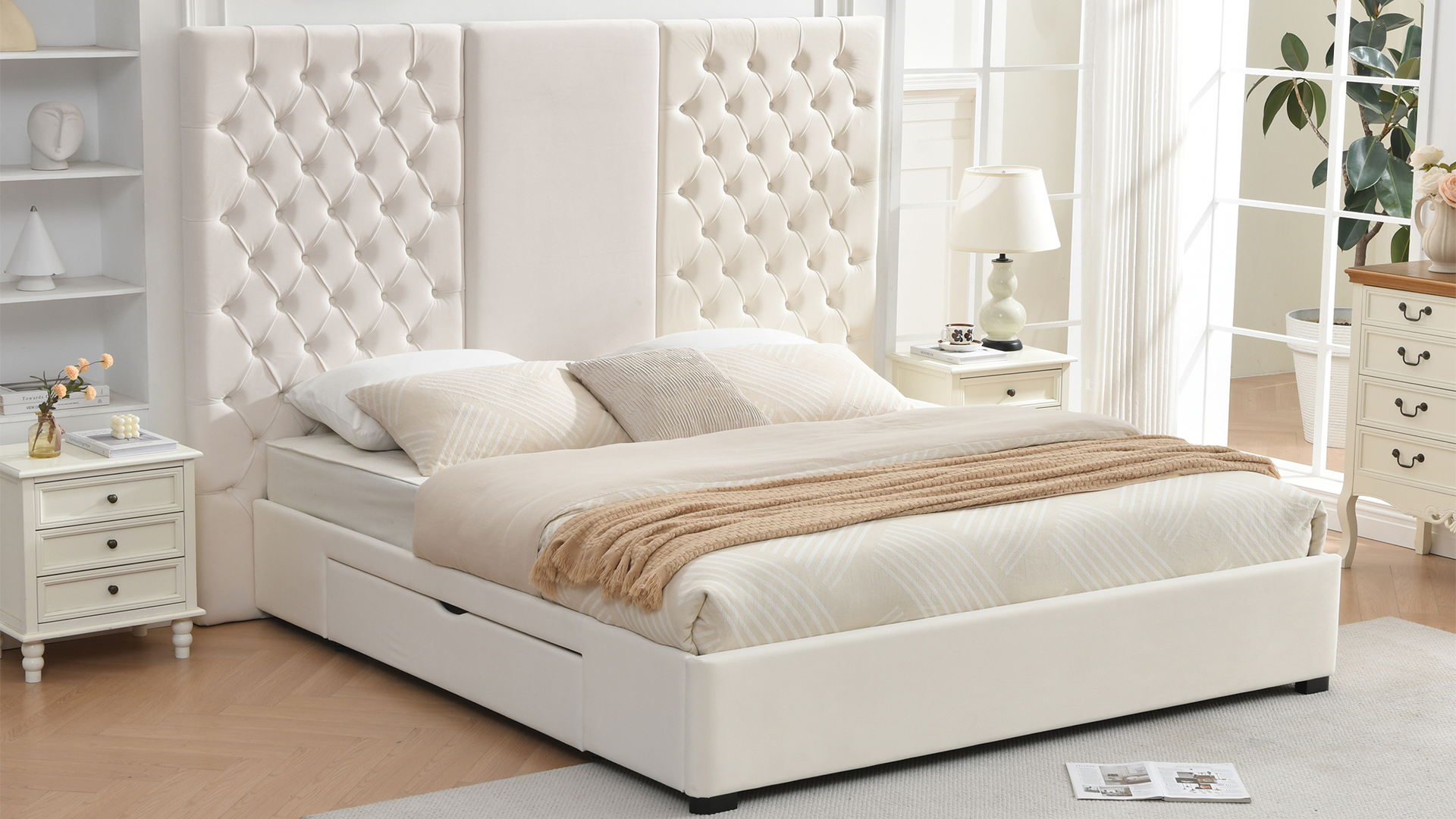 thumbnail video image 2 of King Size Bed Frame 63.58" Tall Headboard, Velvet Upholstered Platform Bed, Drawers & Button Tufted, Easy Assembly, No Box Spring Needed, Cream, 2 of 10