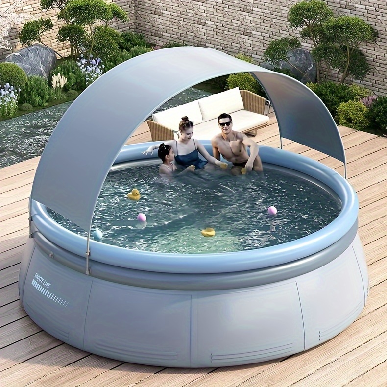 thumbnail video image 2 of Montary 118x25in Large Inflatable Family Pool with Canopy for Kids & Adults Backyard Garden Age 3+ Aqua Grey, 2 of 8