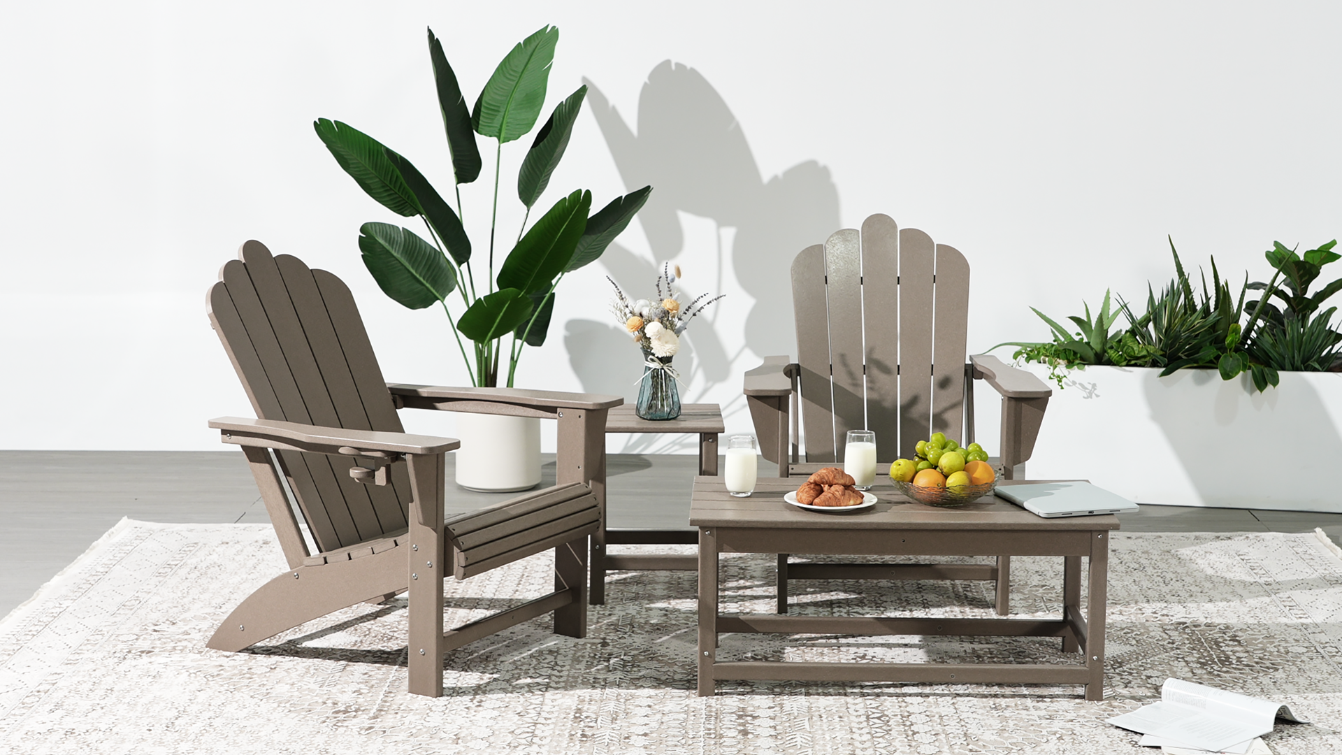 thumbnail video image 2 of WestinTrends Highland 4-Piece Adirondack Chairs with Cup Holders and Table Set, Weathered Wood, 2 of 16