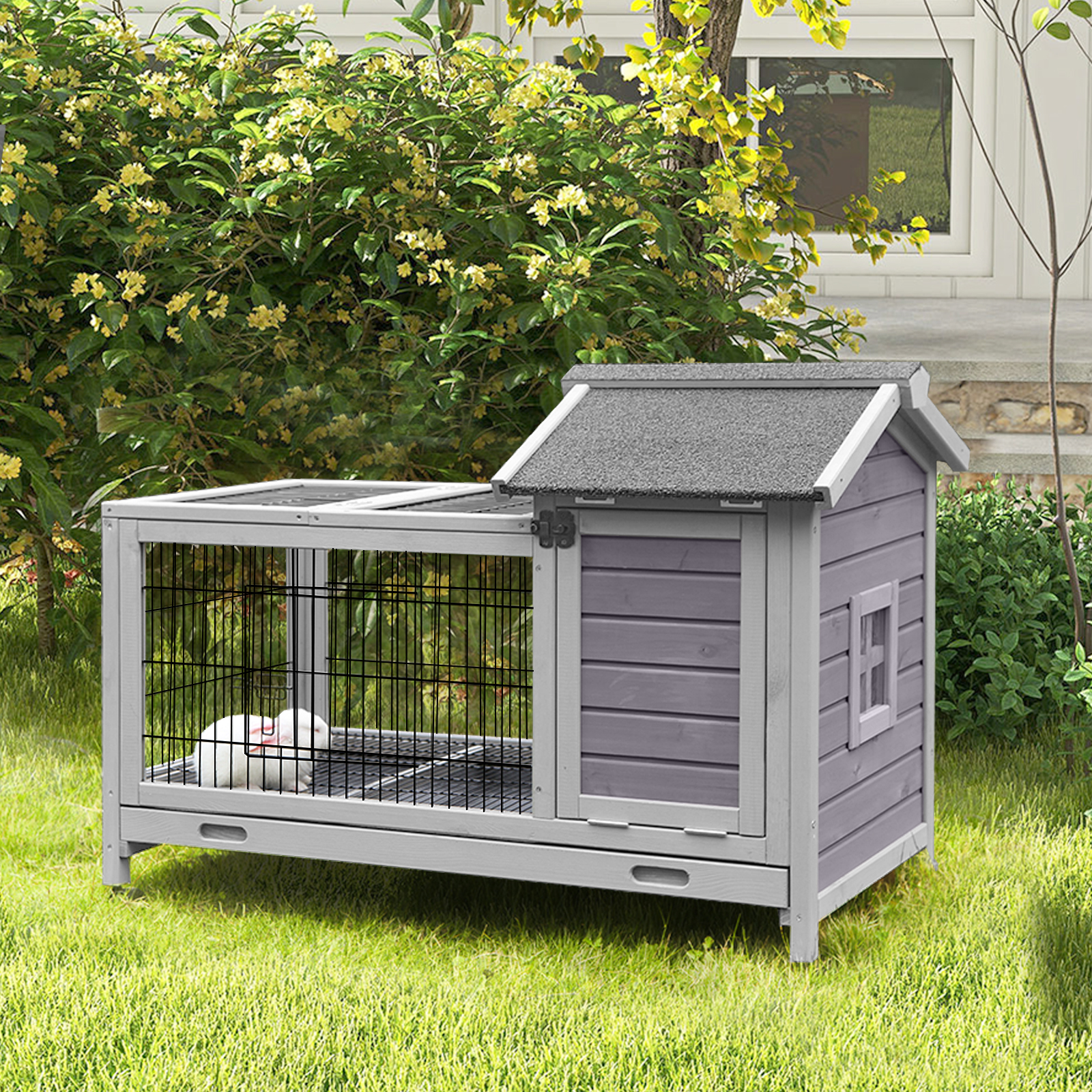 thumbnail video image 2 of Aivituvin Rabbit Hutch with Wheels for Indoor Outdoor, Wooden Rabbit Cage with Removable Wire Netting & Leak Proof Tray, Mobile Bunny Cage, Gray, 2 of 9