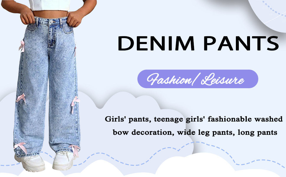 thumbnail video image 2 of JLMSPLWG Girls Wide Leg Jeans with Pink Bows Kids Preppy High Waist Pants Tween Girls Vintage Cute Loose Trendy Jean Teen Girls Gradient Color Baggy Denim Jean with Pockets Girl Clothes, 2 of 10