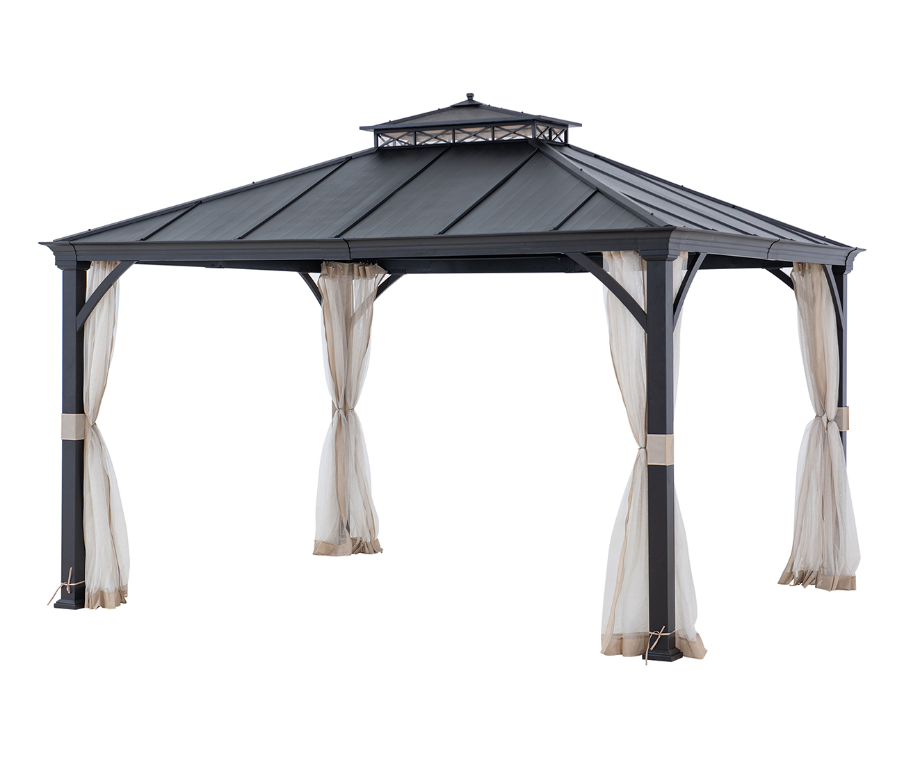 thumbnail video image 2 of Sunjoy Hardtop Gazebo 11 x 13 ft. Outdoor Patio Black Metal Gazebo, Double Tiered Gazebo with Ceiling Hook and Mesh Netting, Black, 2 of 11