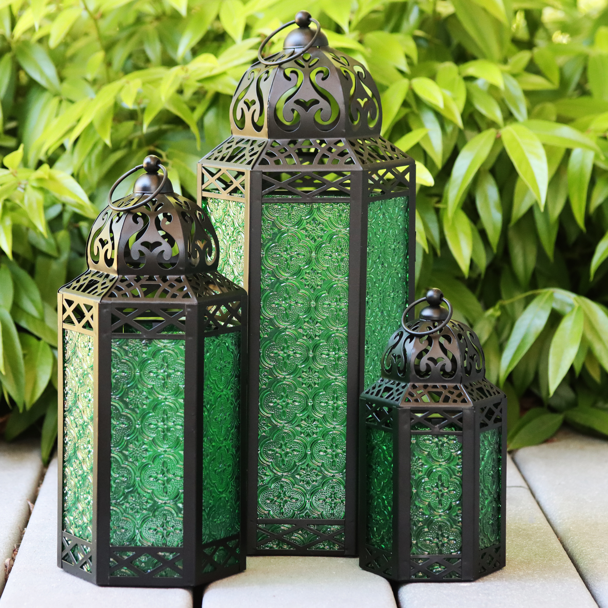 thumbnail video image 2 of Moroccan Candle Lantern Decorative Set of 3 for Floor, Ramadan Decorations, Indoor Home Decor, Outdoor Patio or Porch, Weddings, Green, 2 of 8
