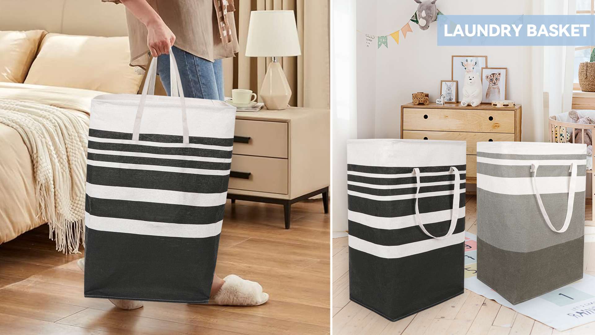 thumbnail video image 2 of HonorHut Large Foldable Laundry Basket Hamper Freestanding Laundry Hamper Waterproof Clothes Hamper with Reinforced Handles 2 PCS Black Stripe 15.7x11.8x23.6Inch 75L, 2 of 7