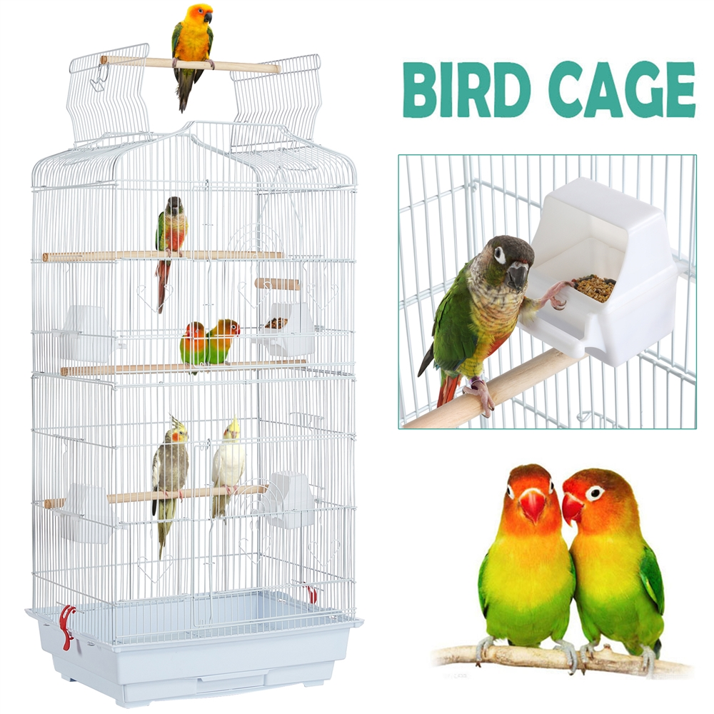thumbnail video image 2 of Yaheetech 41'' H Open Top Metal Bird Cage with Perch Stand, White, 2 of 10