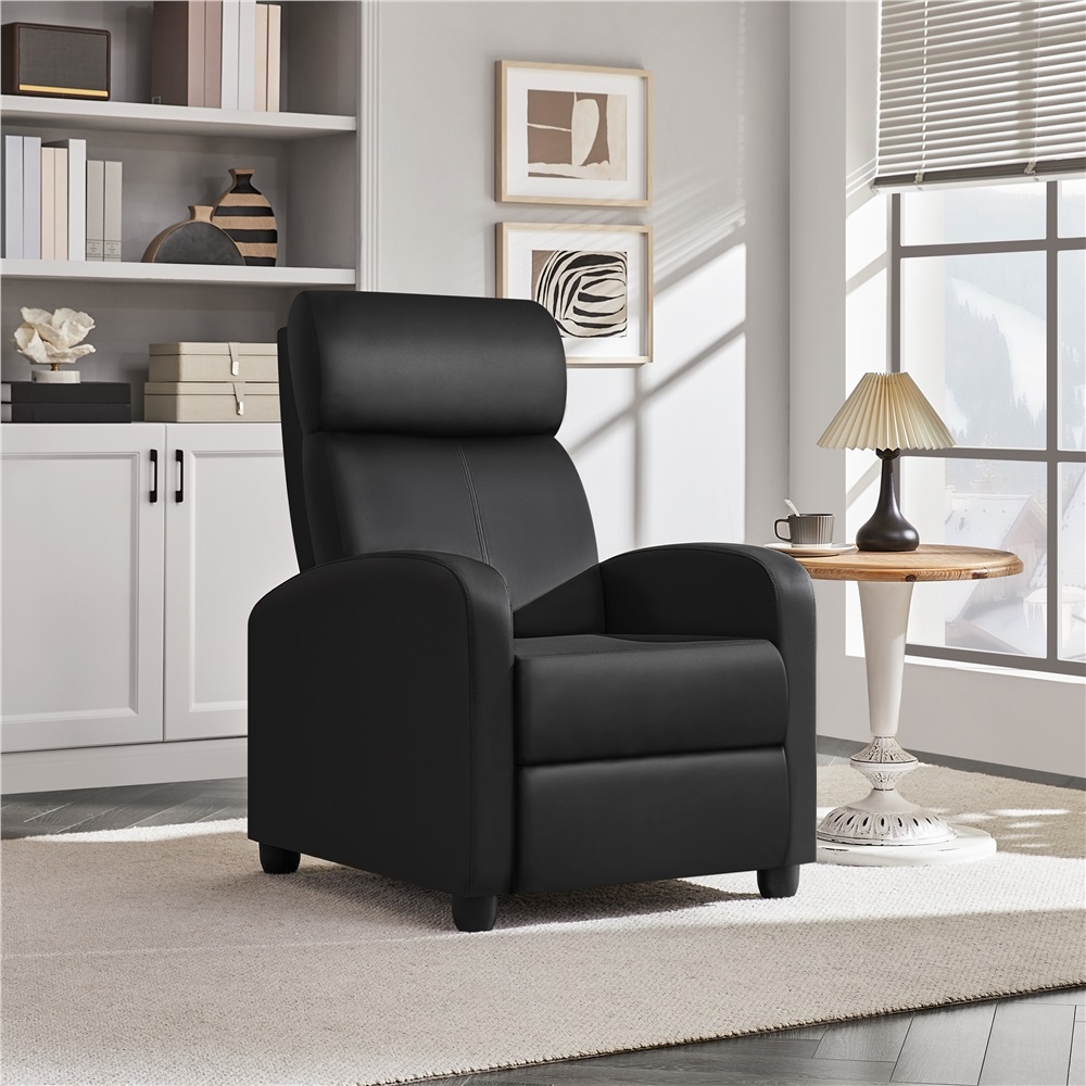 thumbnail video image 2 of Alden Design Faux Leather Push Back Theater Recliner Chair with Footrest for Livingroom, Black, 2 of 11