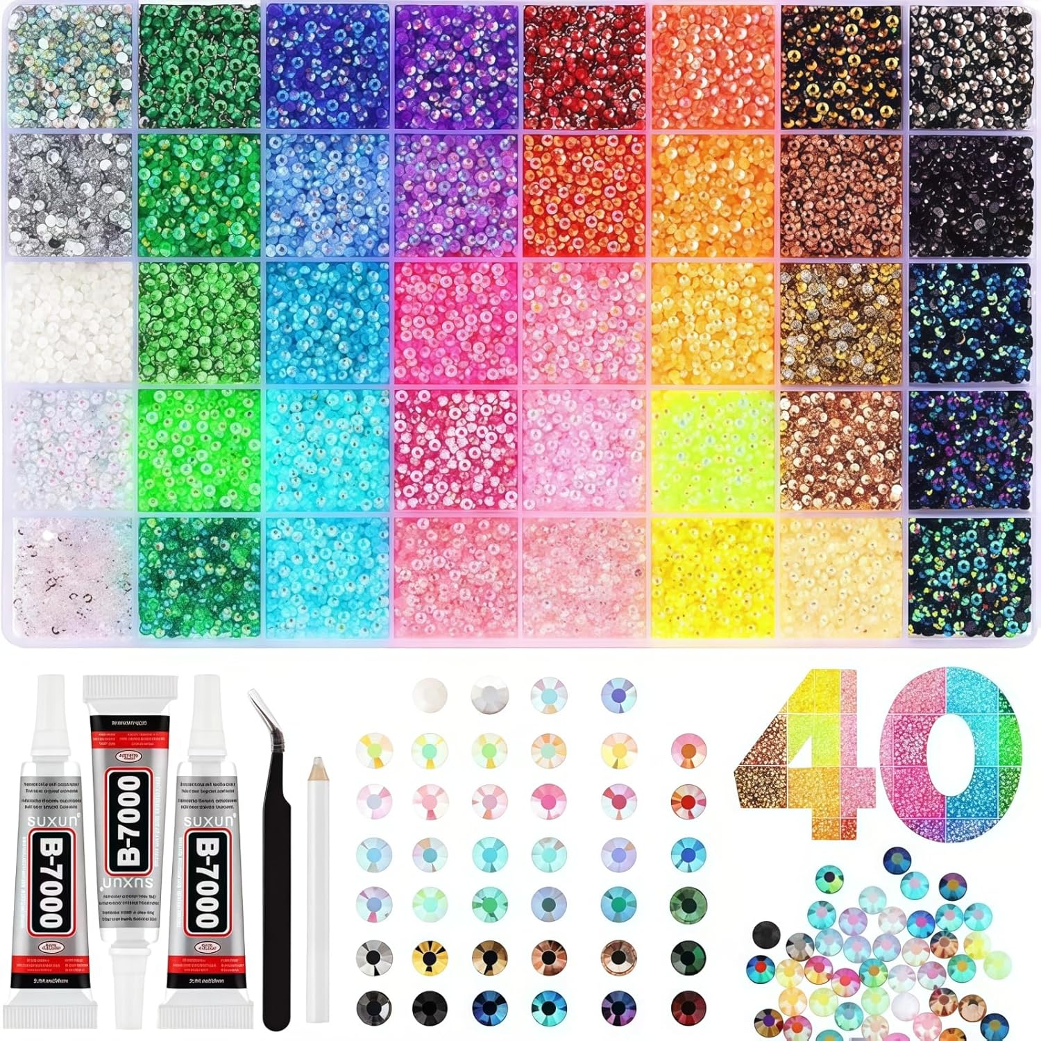 thumbnail video image 2 of 40000Pcs 40 Colors Resin Jelly Rhinestones for Bedazzling, 3mm Multicolor Flatback Gems for Crafting, Bedazzler Kit with 3Pcs 10ml B7000 Glue for Clothes Book Shoes Nails Art Makeup, 2 of 8