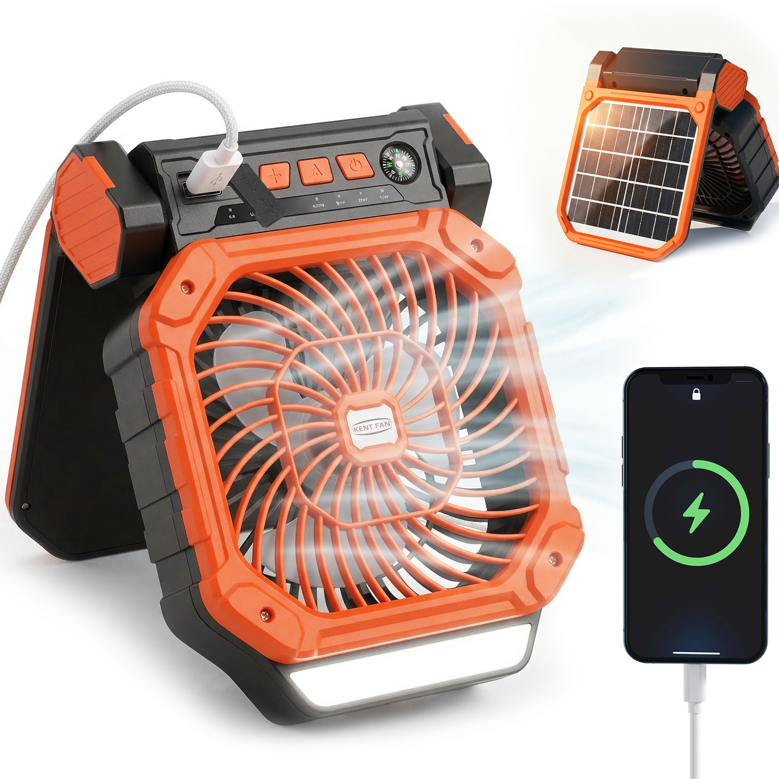 thumbnail video image 2 of Fohil 20000mAh Solar Camping Fan with LED Light, Solar/USB Charging, 4-Speed Fan,3 Timer Settings, Phone Charging for Camping Fishing Travel Outdoor, Orange, 2 of 9