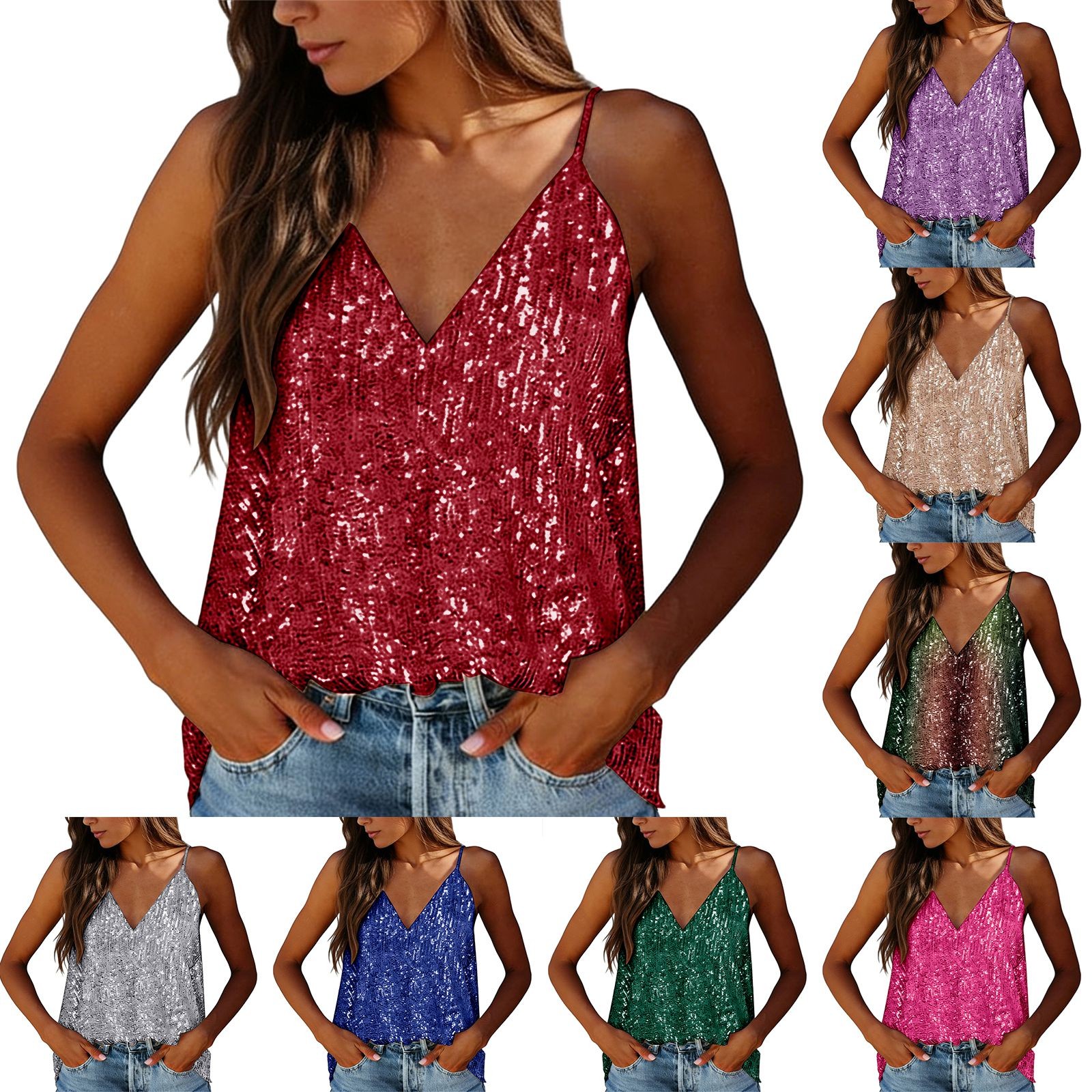 thumbnail video image 2 of SGMVNU Womens Sequins Tank Tops V Neck Sleeveless Camisole Shirts Tank Tops for Women 3XL Ladies Summer Trendy Tops Clubwear(Purple,XL), 2 of 3