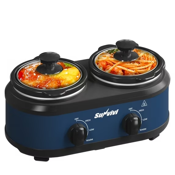 thumbnail video image 2 of Sunvivi Dual Slow Cooker Buffet Server with 2 Removable Pots and 3 Temps - 2 x 1.25 Qt, Blue, 2 of 9