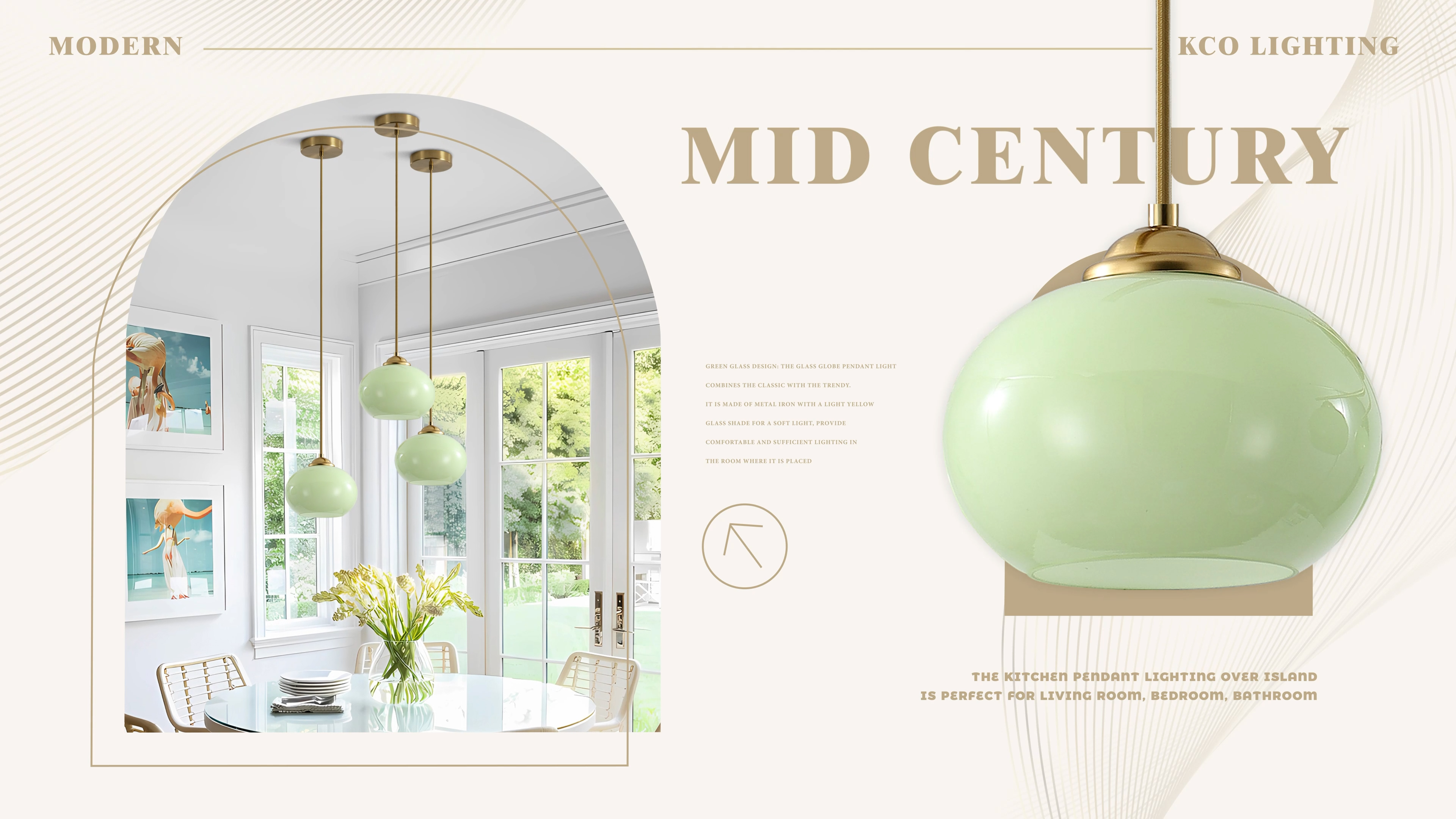 thumbnail video image 2 of KCO Lighting Green Glass Pendant Light Large Gold Globe Pendant Light Single Hanging Lamp Nordic Green Chandelier, 2 of 8