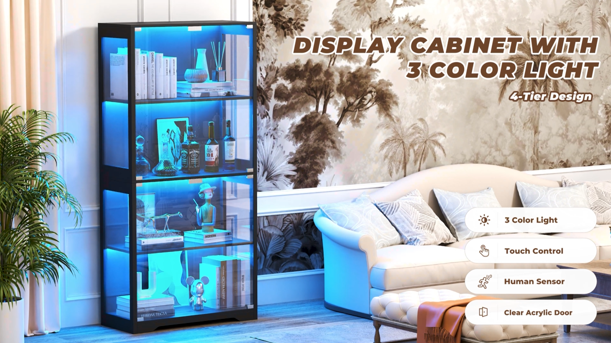 thumbnail video image 2 of BROTTAR Display Cabinet with Glass Doors, 65" Storage Cabinet with LED, 4-Tier Curio Cabinet & Bookshelf, Collection Showcase for Home Office, Black, 2 of 10