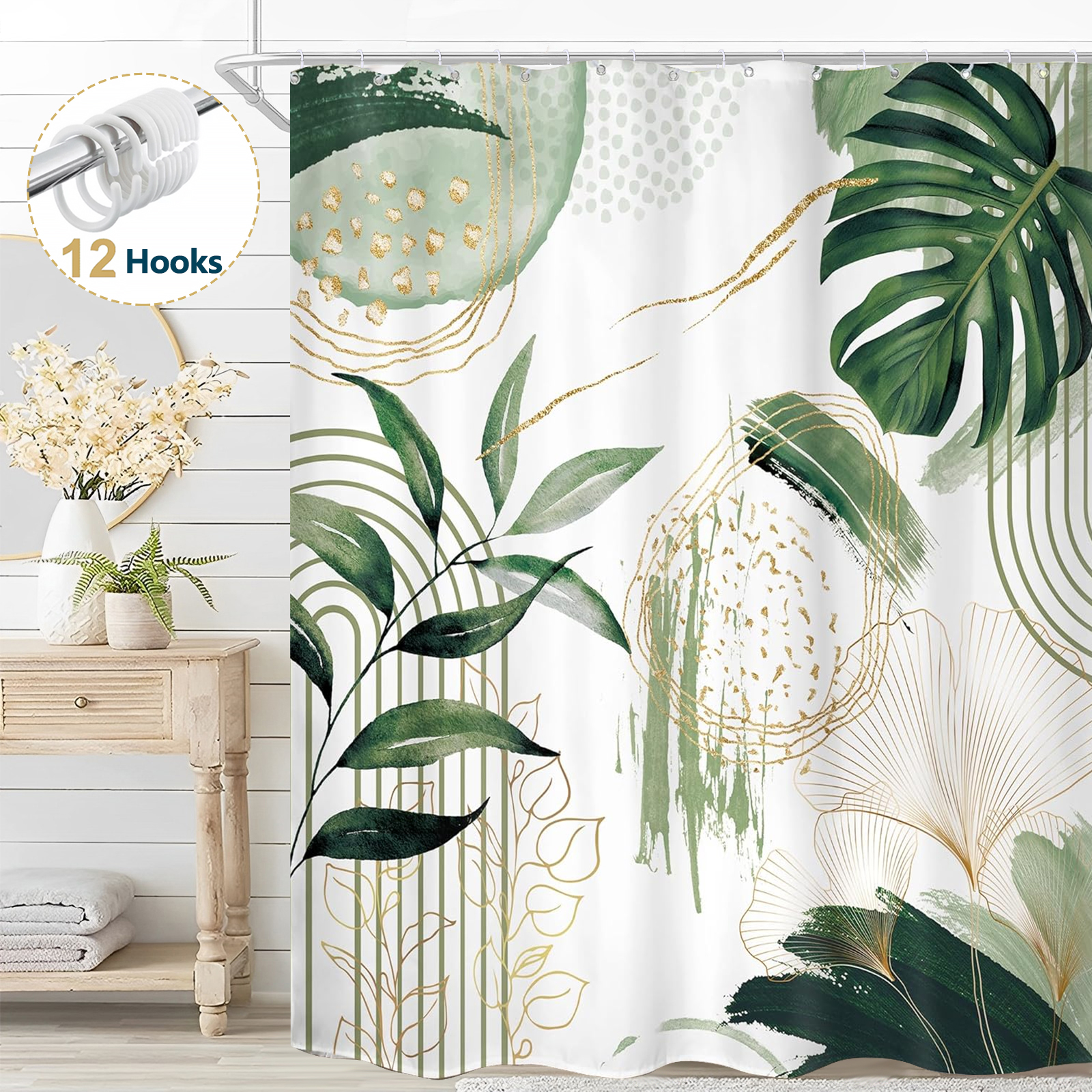 thumbnail video image 2 of Dznils Boho Shower Curtain with Hooks, Modern Abstract Fabric Bathroom Curtain, 72" x 72", Green, 2 of 10