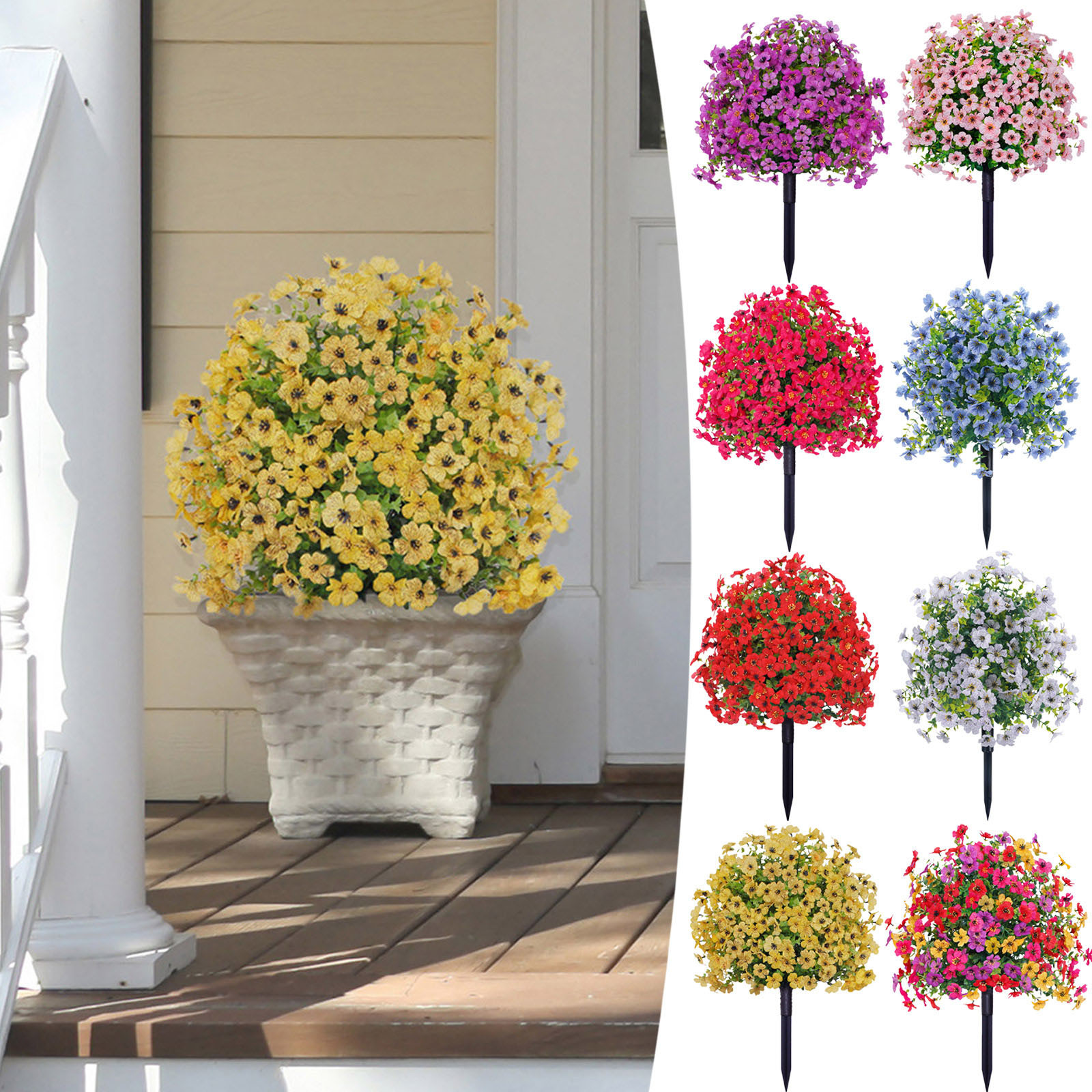 thumbnail video image 2 of 2Pcs Artificial Boxwood Topiary Ball Trees with Flowers for Outdoor with Ground Spike 23.6",UV Resistant Artificial Shrubs Flowers,Plants for Garden,Yard,Porch Festival Decor, 2 of 9