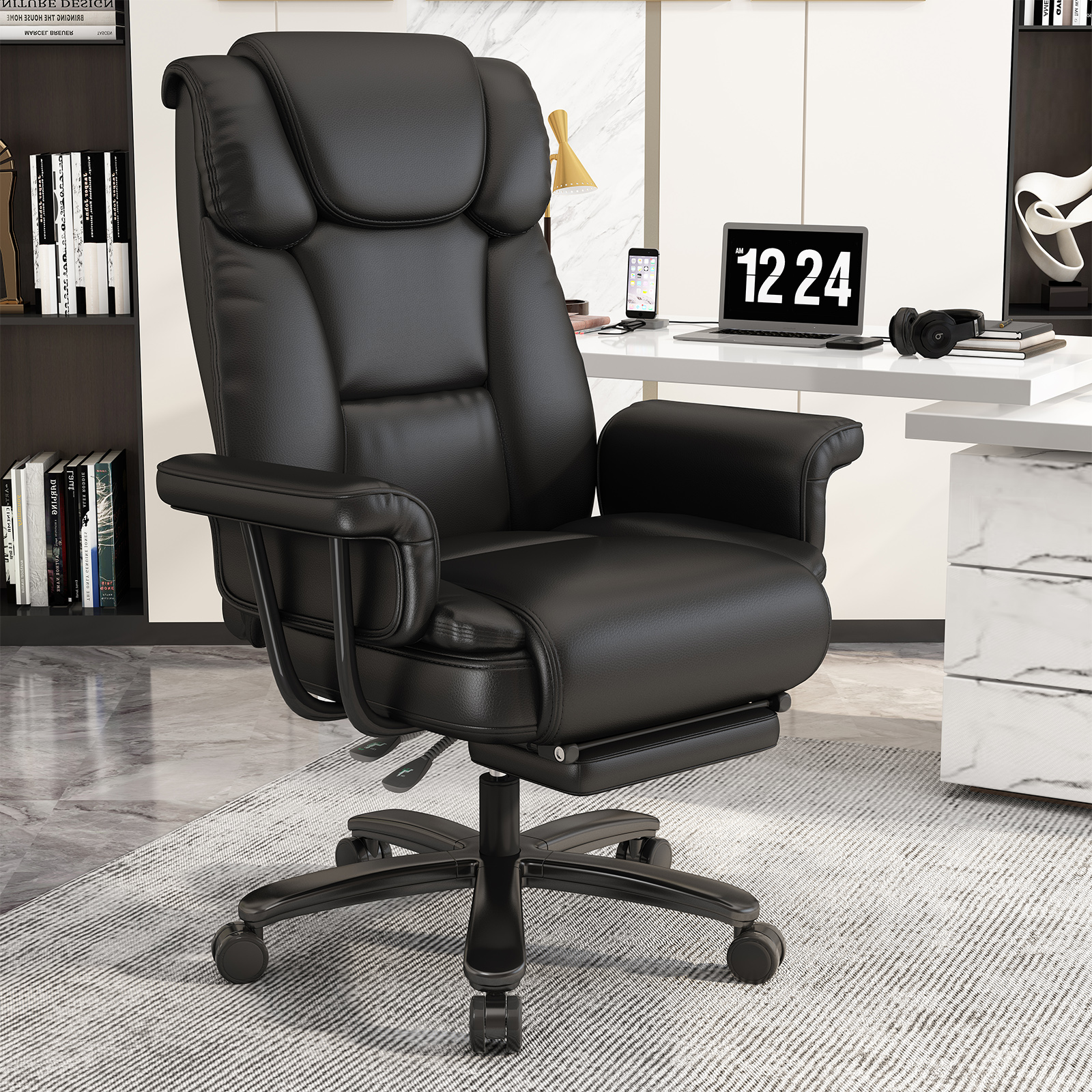 thumbnail video image 2 of Ninecer Tall Ergonomic Reclining High Back Executive Office Chair with Footrest, PU Leather, 400lbs Capacity, Black, 2 of 9
