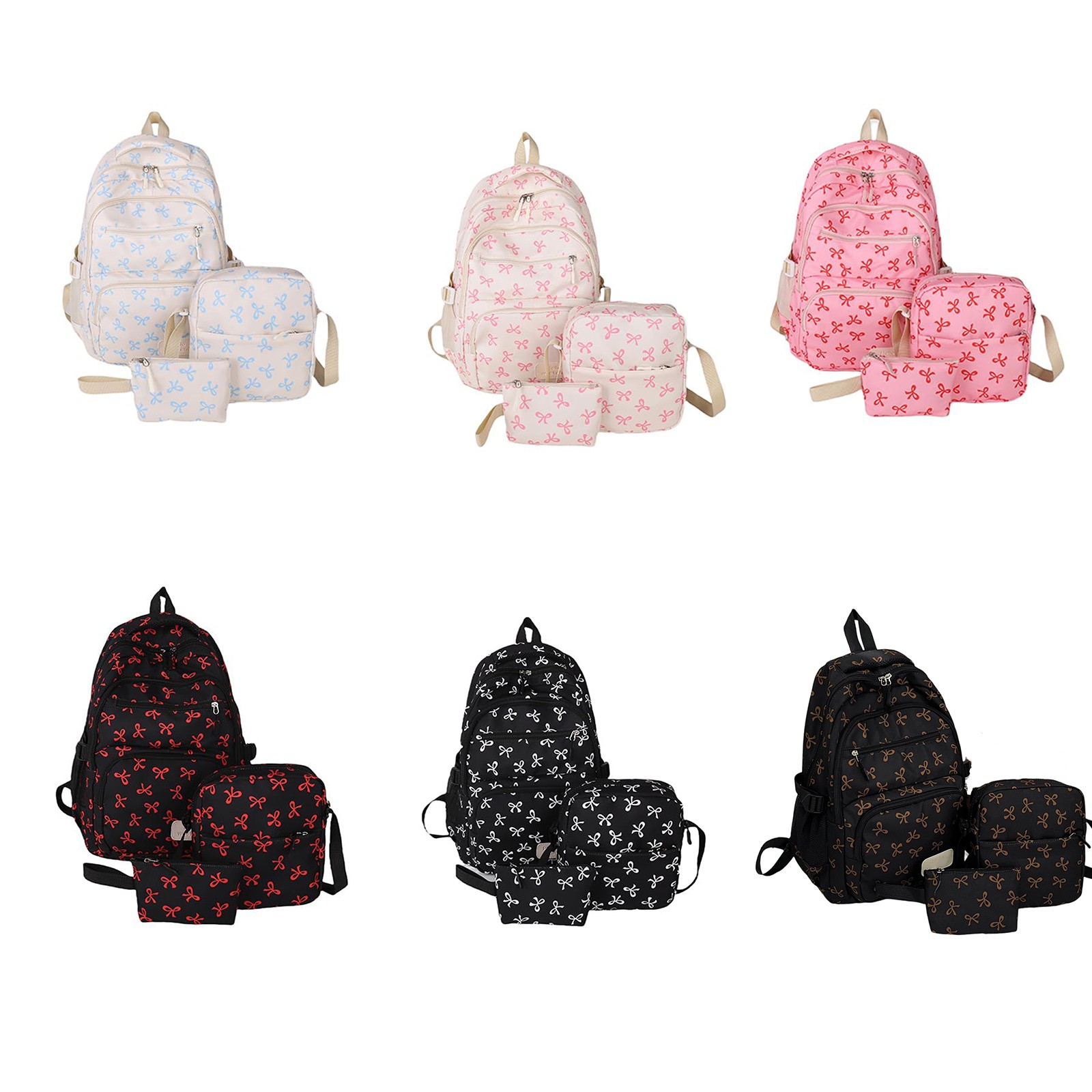 thumbnail video image 2 of 3 Piece Coquette Bow Print Backpack Set, Lightweight Adjustable Straps Lightweight, Nylon Multi Compartment Bookbag, Cute Aesthetic Laptop Daypack for Back to School Travel Daily Use, 2 of 8