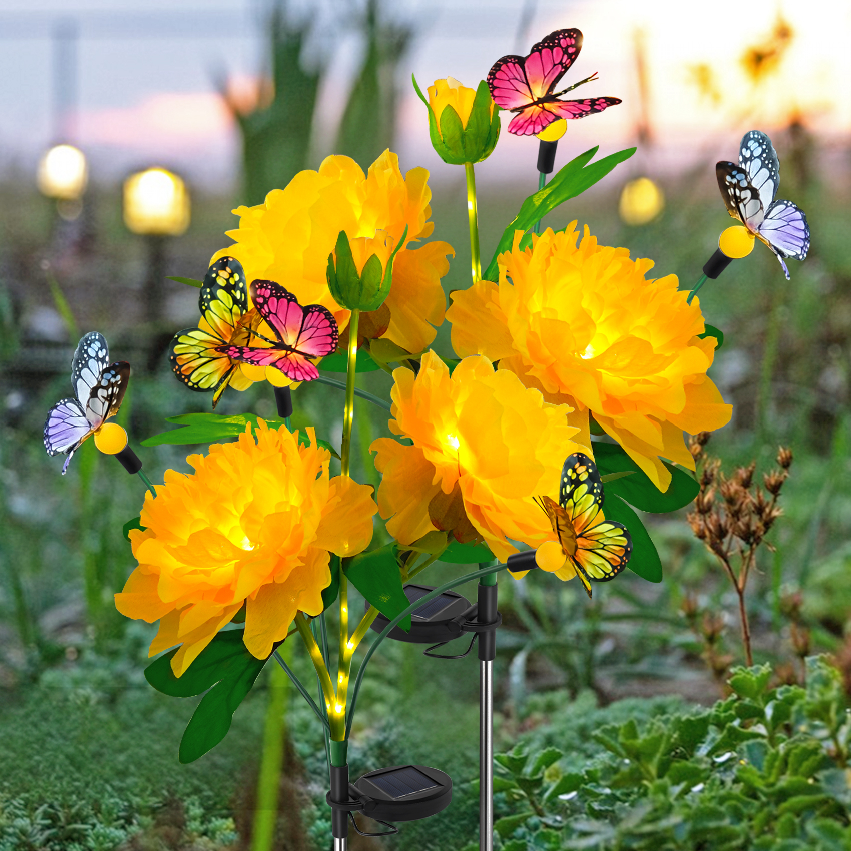 thumbnail video image 2 of 2 Pack Solar Garden Lights, Each 3 Peony Flowers and 3 Butterfly lED Lights,Swaying With The Wind,Solar Outdoor Lights,Courtyard Channel Decoration, 2 of 7