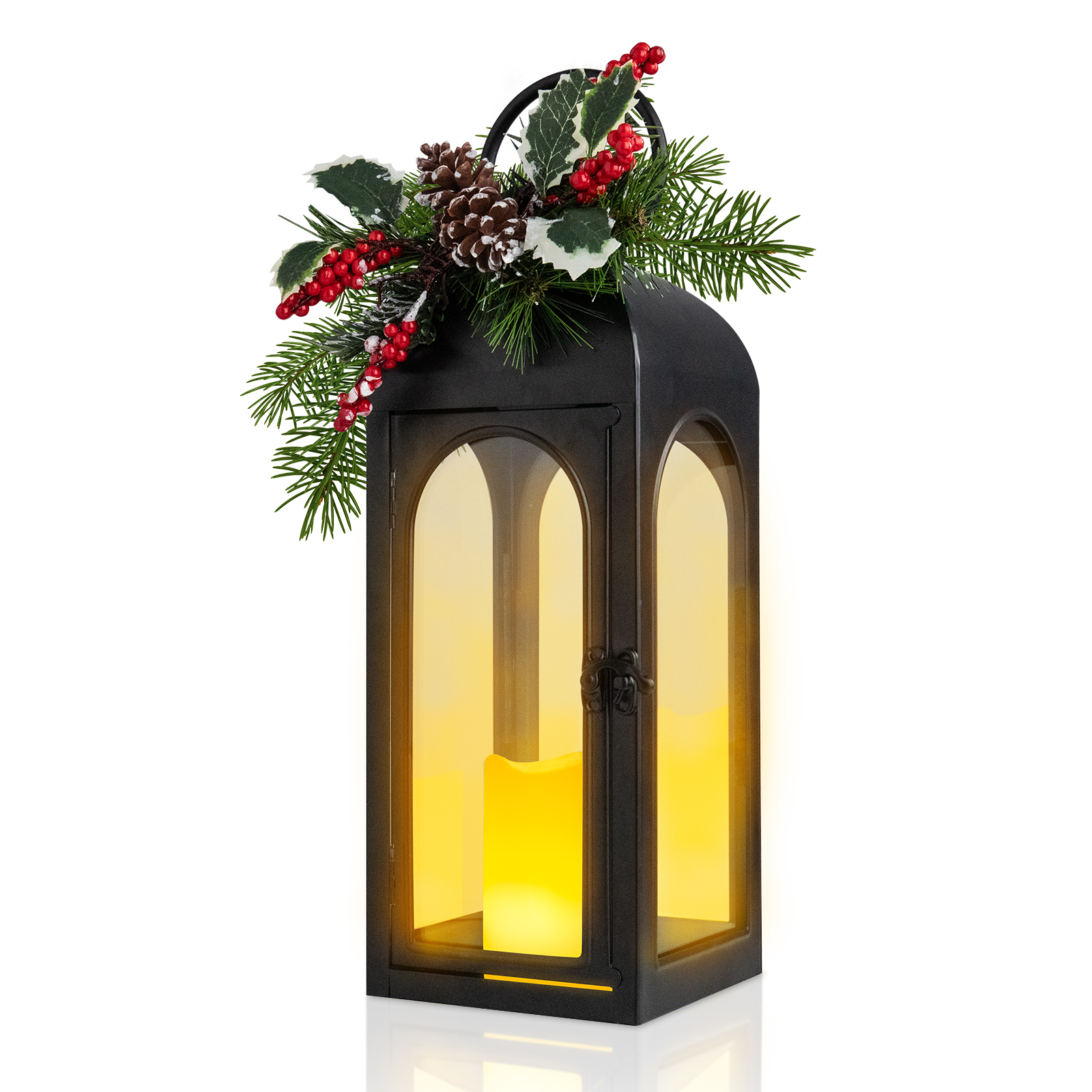 thumbnail video image 2 of Christmas Decorative Lantern with LED Flameless Candle & Holiday Greenery,Black Metal Lantern with LED Candle Lit Decorations,Christmas Decor, 2 of 9