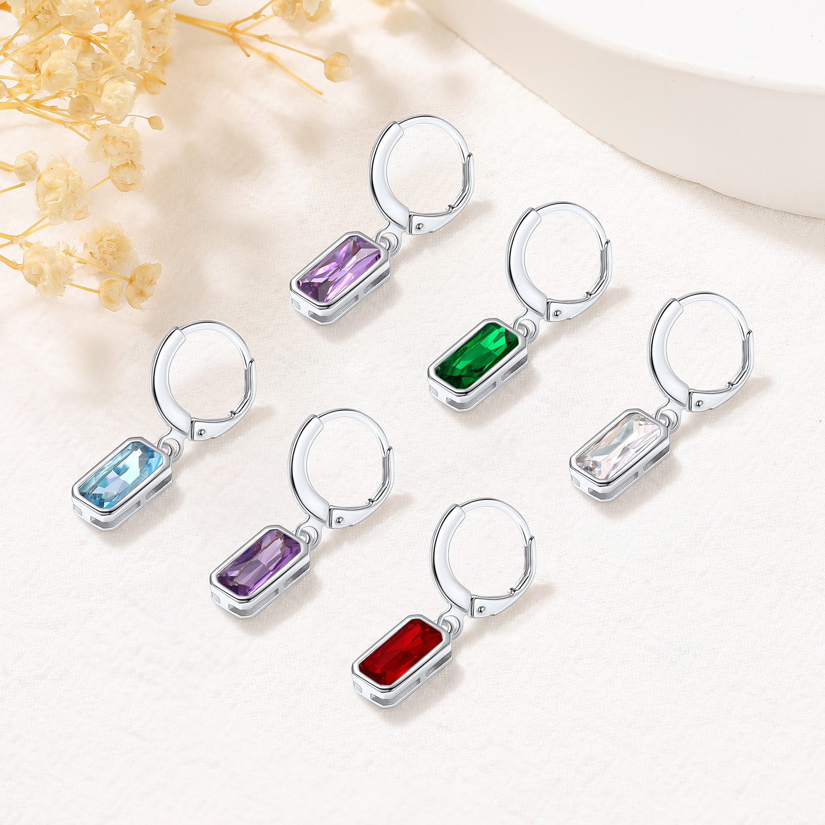 thumbnail video image 2 of FOCALOOK Birthstone Dangle Hoop Earrings for Women Sterling Silver Square Cubic Zirconia May Green Emerald Leverback Huggie Drop Earrings Birthday Mothers Day Jewelry Gift, 2 of 10