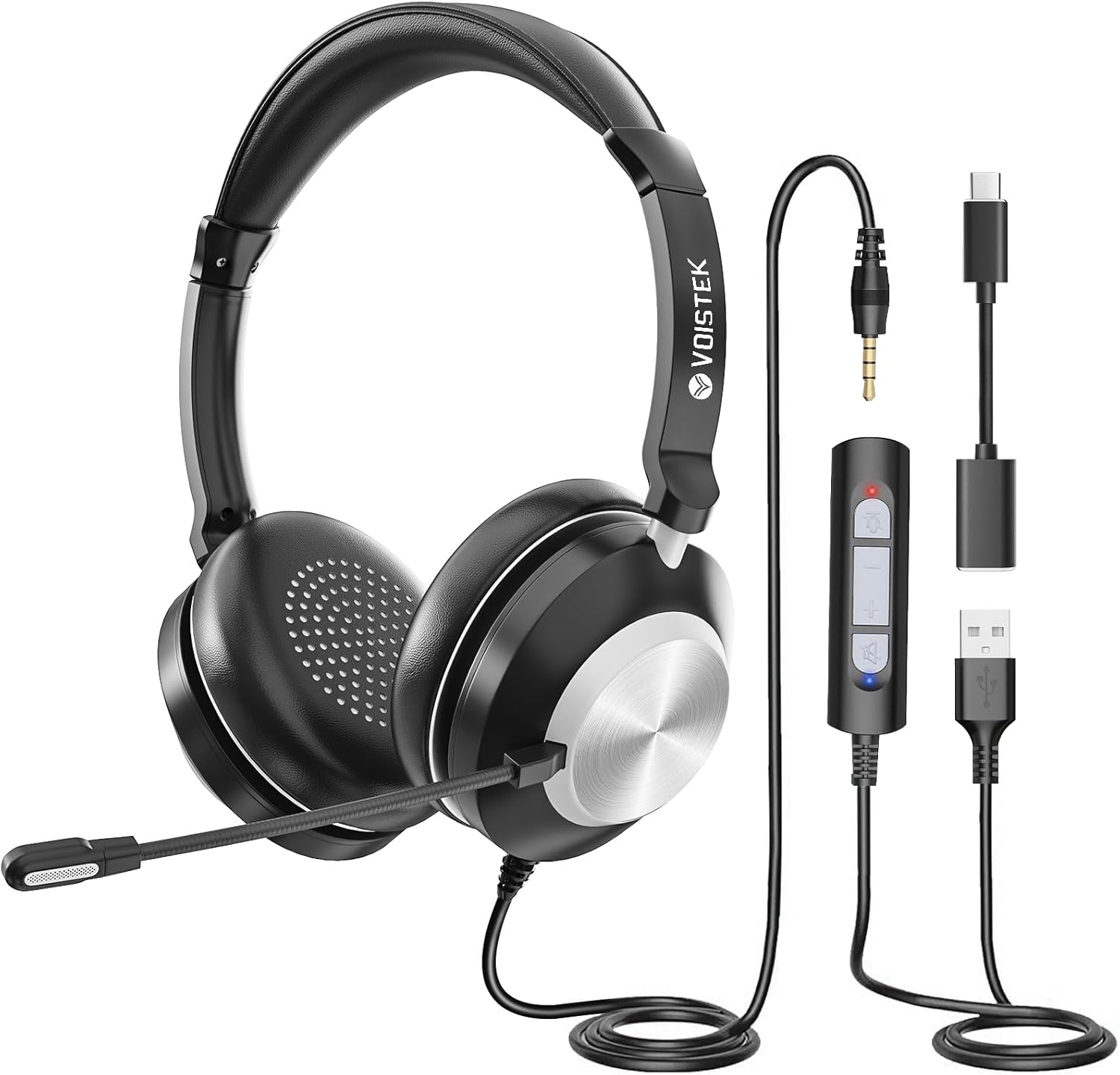 thumbnail video image 2 of Voistek 3-in-1 Computer Headset with Noise Cancelling (Compatible with 3.5mm, USB, Type-C Jack), 2 of 8