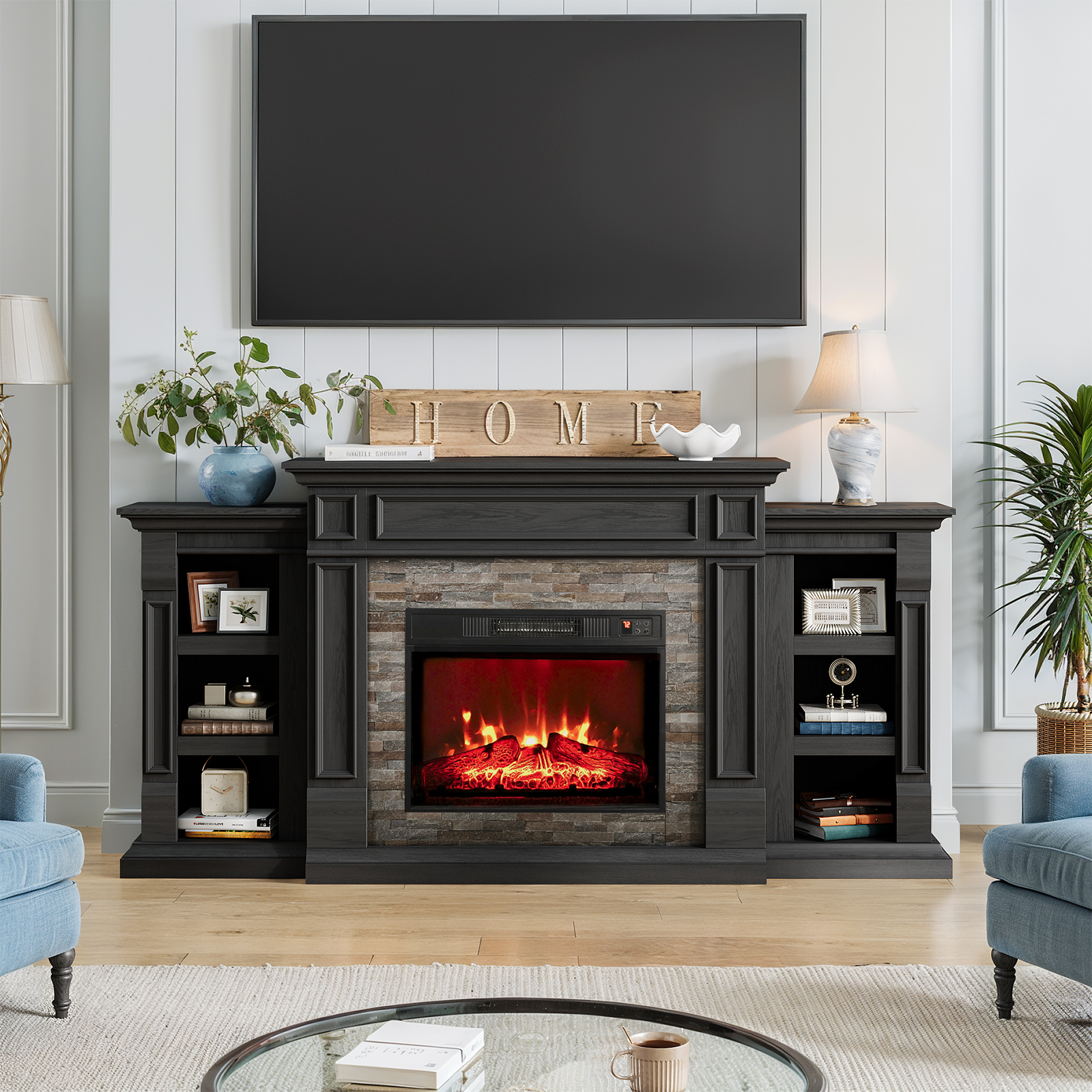 thumbnail video image 2 of LGHM 72" Electric Fireplace TV Stand for 80 inch TV, Freestanding 23" Fireplace Heater with Mantel for Living Room, Bedroom, Black, 2 of 13